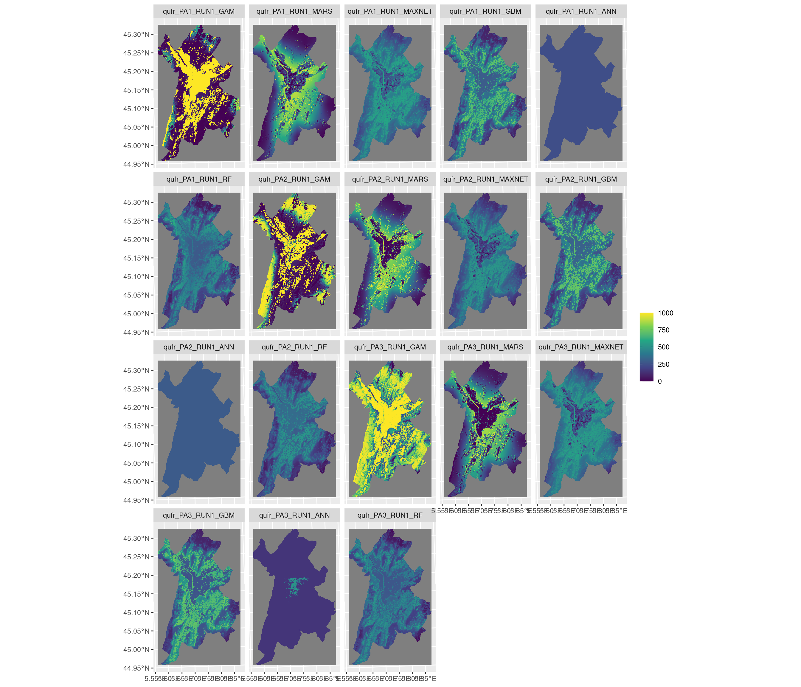Projection de la distribution potentielle contemporaine sur la métropole de Grenoble, selon les 6 algorithmes et les 3 runs.