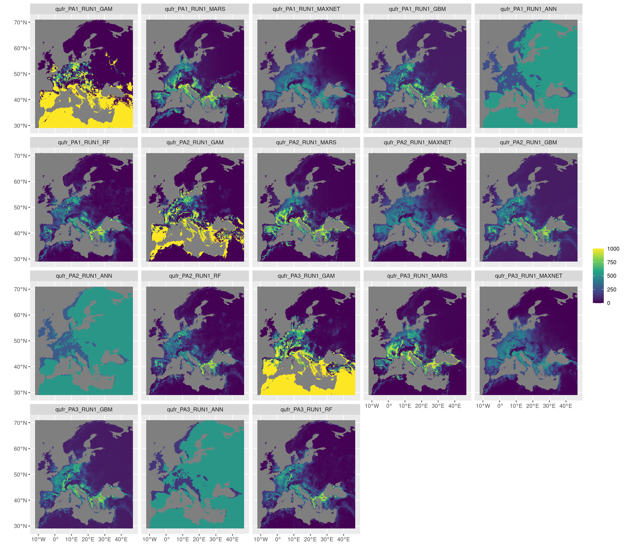 Projection de la distribution potentielle contemporaine sur l'Europe, selon les 6 algorithmes et les 3 runs.