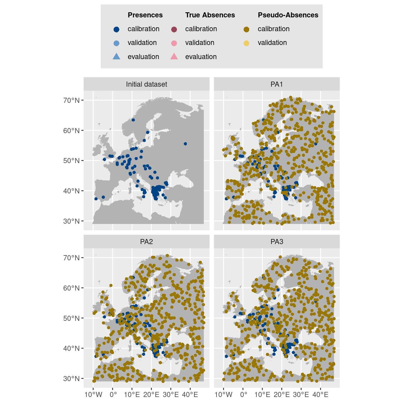 Les données d'occurrences (en haut à gauche) et les trois jeux de données aléatoires de pseudo-absences.