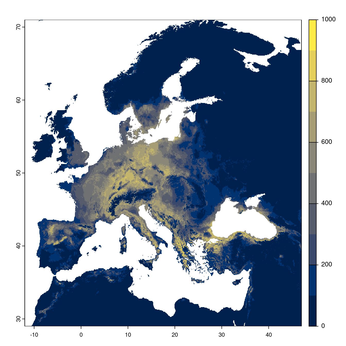 Projection des distributions potentielles futures jusqu'à l'horizon 2100 sous le scénario SSP1-2.6 (modèle d'ensemble).