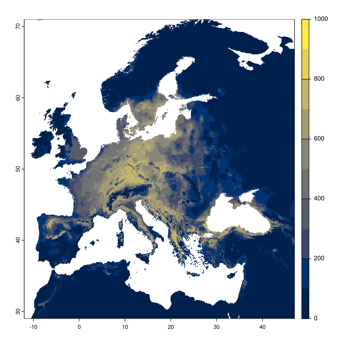 Projection des distributions potentielles futures jusqu'à l'horizon 2100 sous le scénario SSP1-2.6 (modèle d'ensemble).