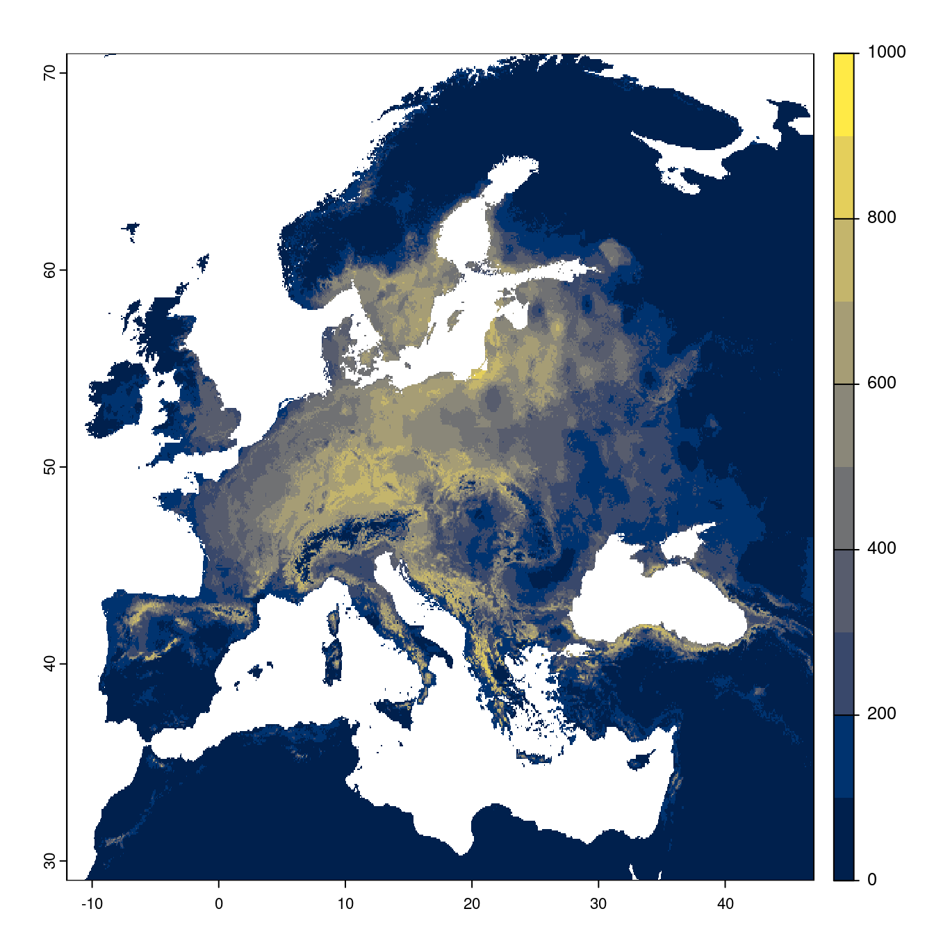 Projection des distributions potentielles futures jusqu'à l'horizon 2100 sous le scénario SSP2-4.5 (modèle d'ensemble).