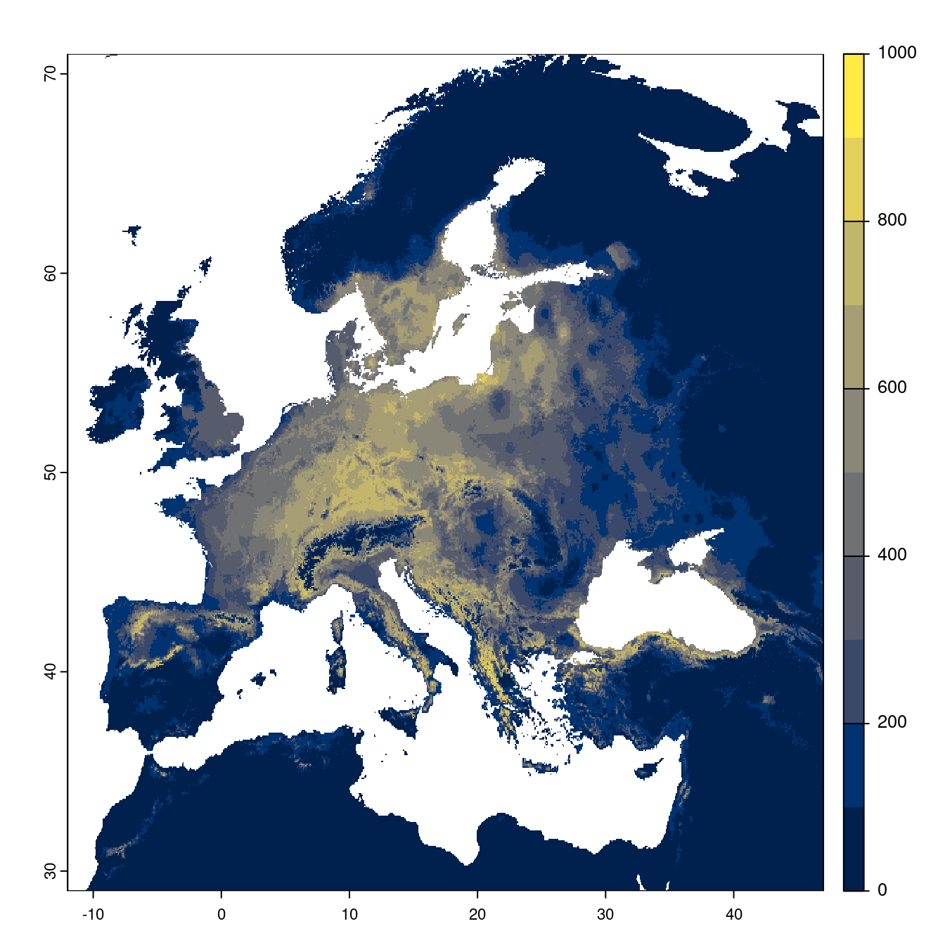 Projection des distributions potentielles futures jusqu'à l'horizon 2100 sous le scénario SSP3-7.0 (modèle d'ensemble).