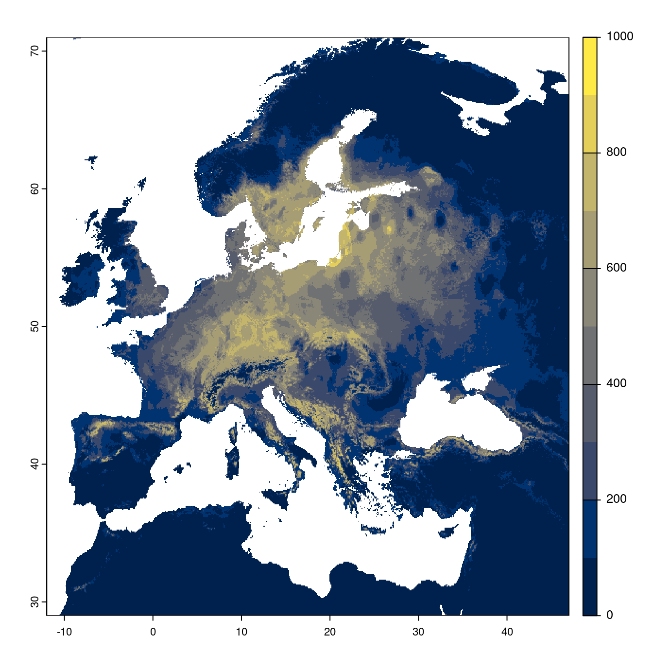 Projection des distributions potentielles futures jusqu'à l'horizon 2100 sous le scénario SSP3-7.0 (modèle d'ensemble).