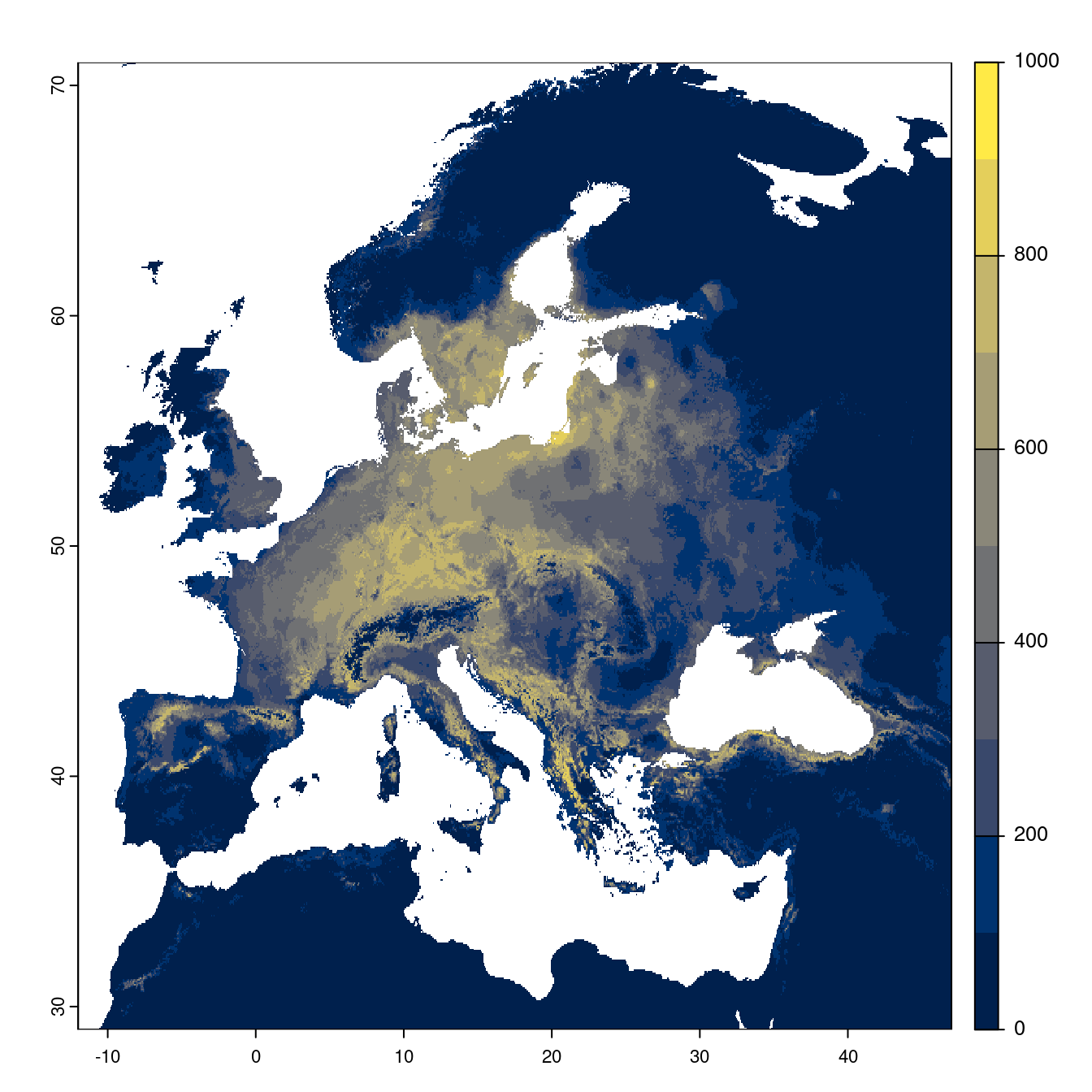 Projection des distributions potentielles futures jusqu'à l'horizon 2100 sous le scénario SSP5-8.5 (modèle d'ensemble).