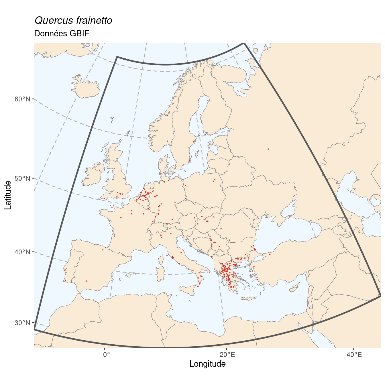 Occurrence de Quercus frainetto dans la région d'endémisme.