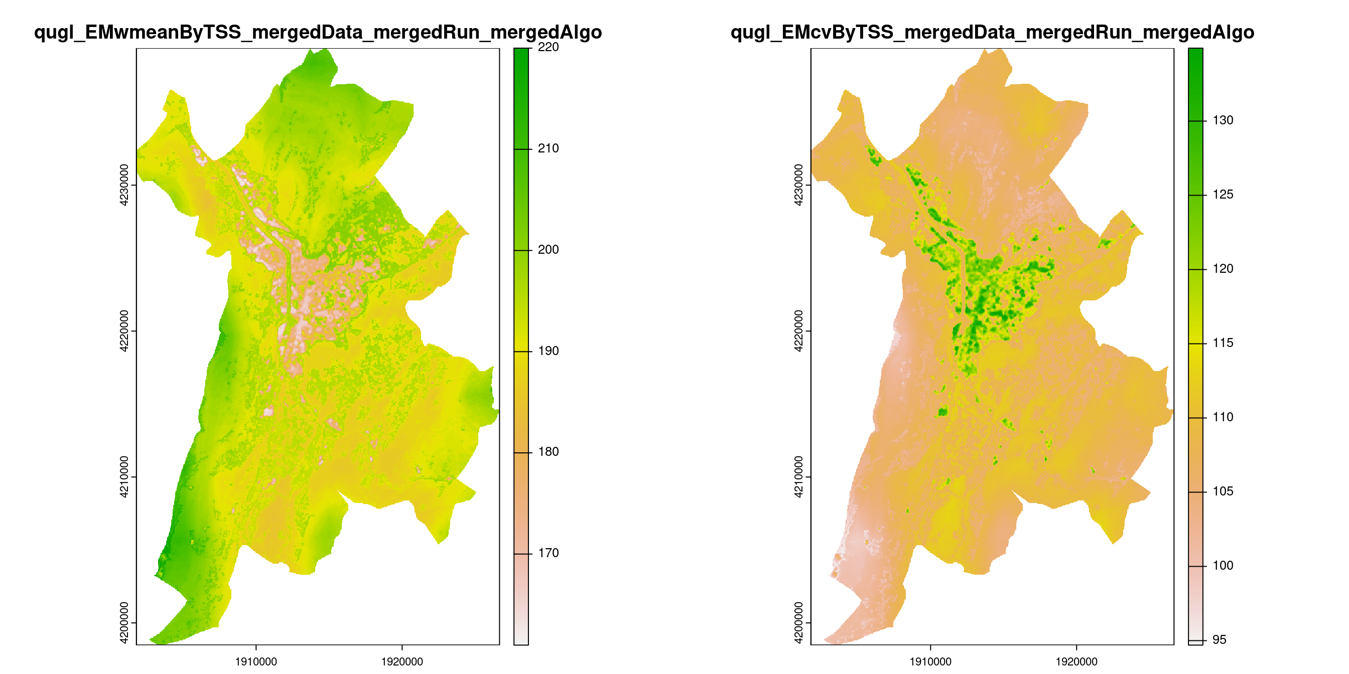 A) Projection de la distribution potentielle contemporaine (modèle d'ensemble) sur la métropole de Grenoble ; B) Incertitude associée à la projection.