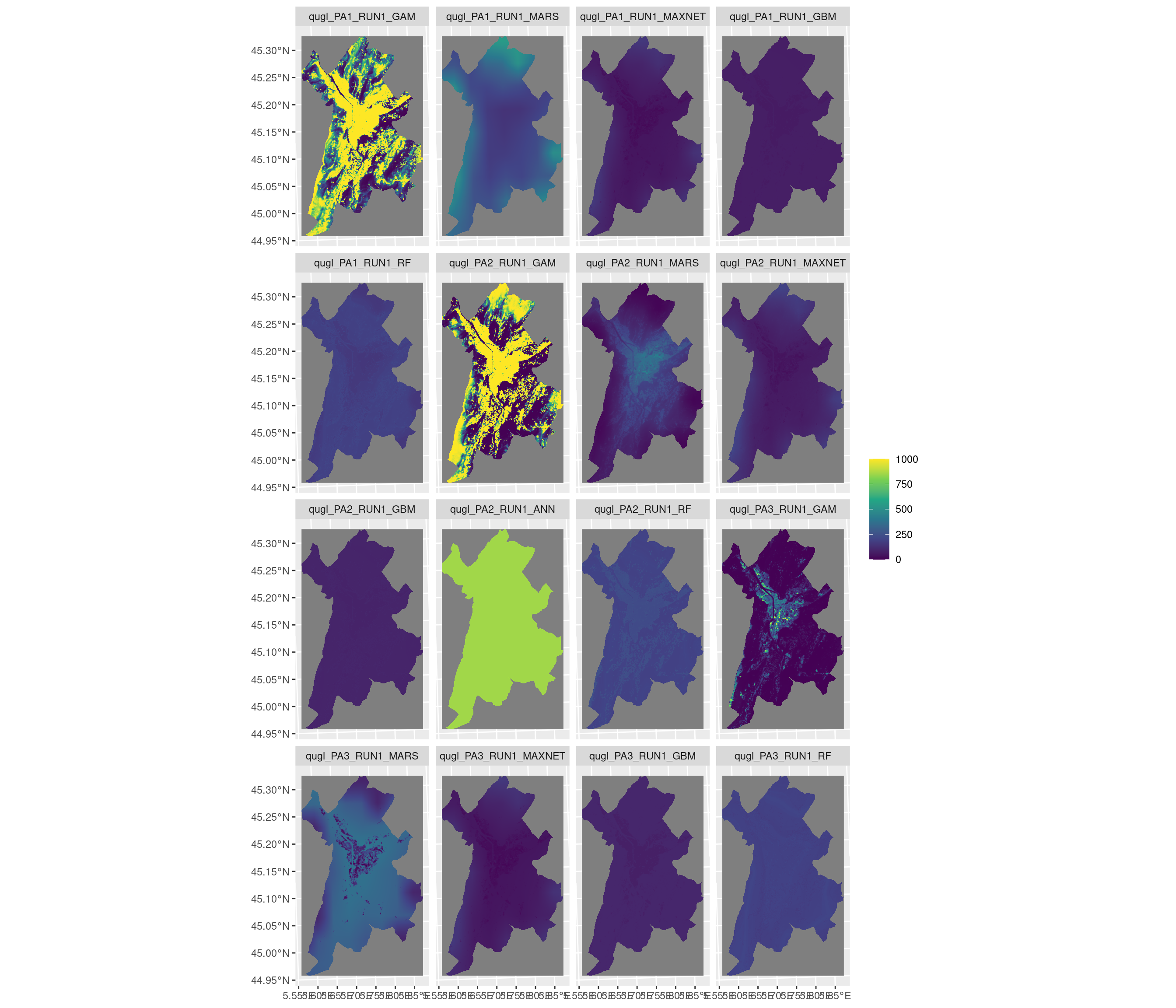 Projection de la distribution potentielle contemporaine sur la métropole de Grenoble, selon les 6 algorithmes et les 3 runs.