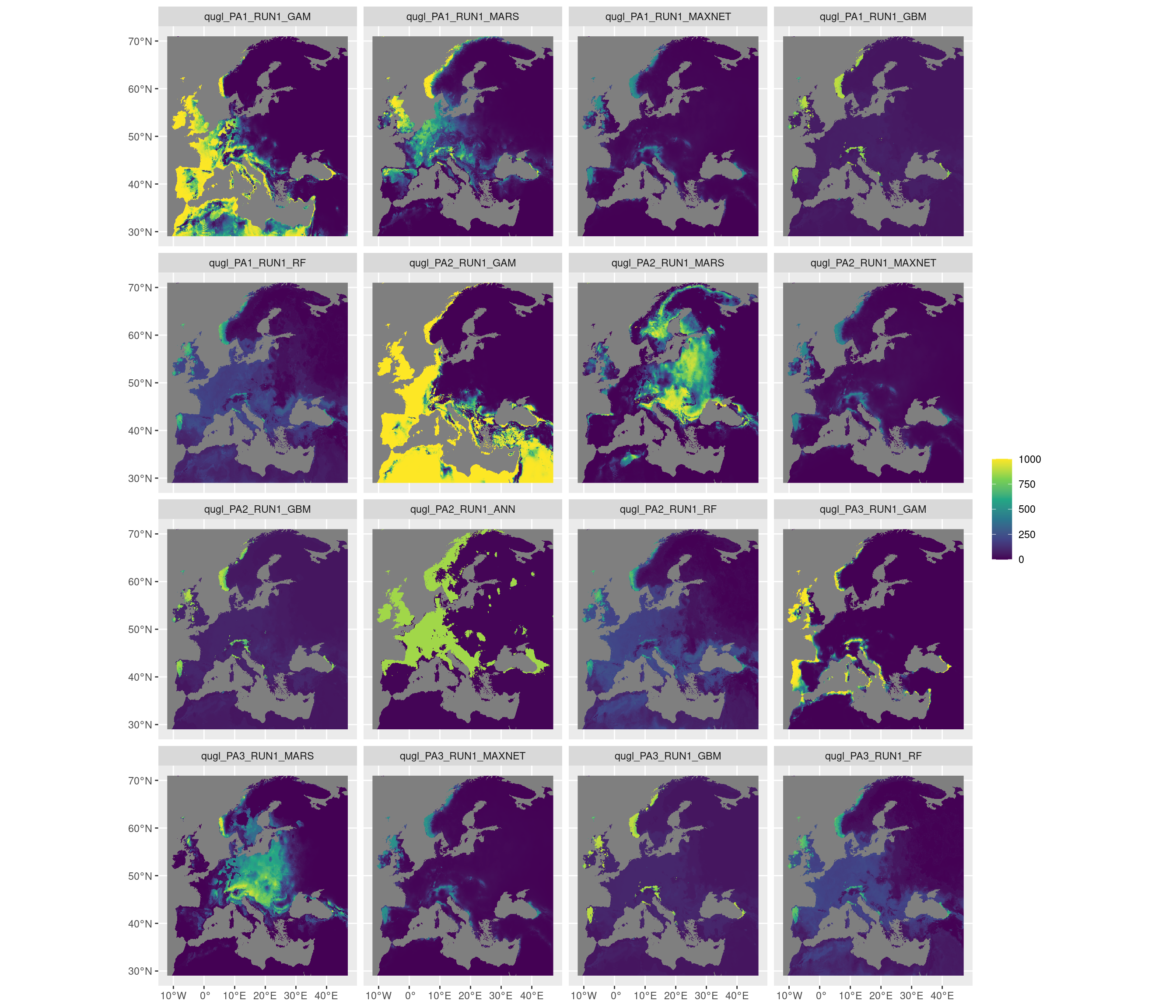 Projection de la distribution potentielle contemporaine sur l'Europe, selon les 6 algorithmes et les 3 runs.