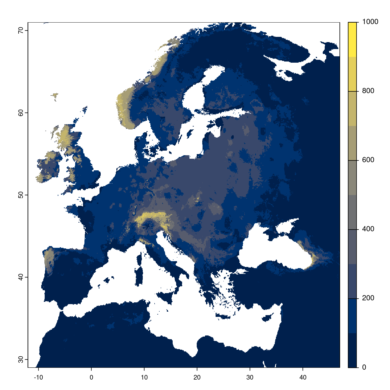 Projection des distributions potentielles futures jusqu'à l'horizon 2100 sous le scénario SSP3-7.0 (modèle d'ensemble).