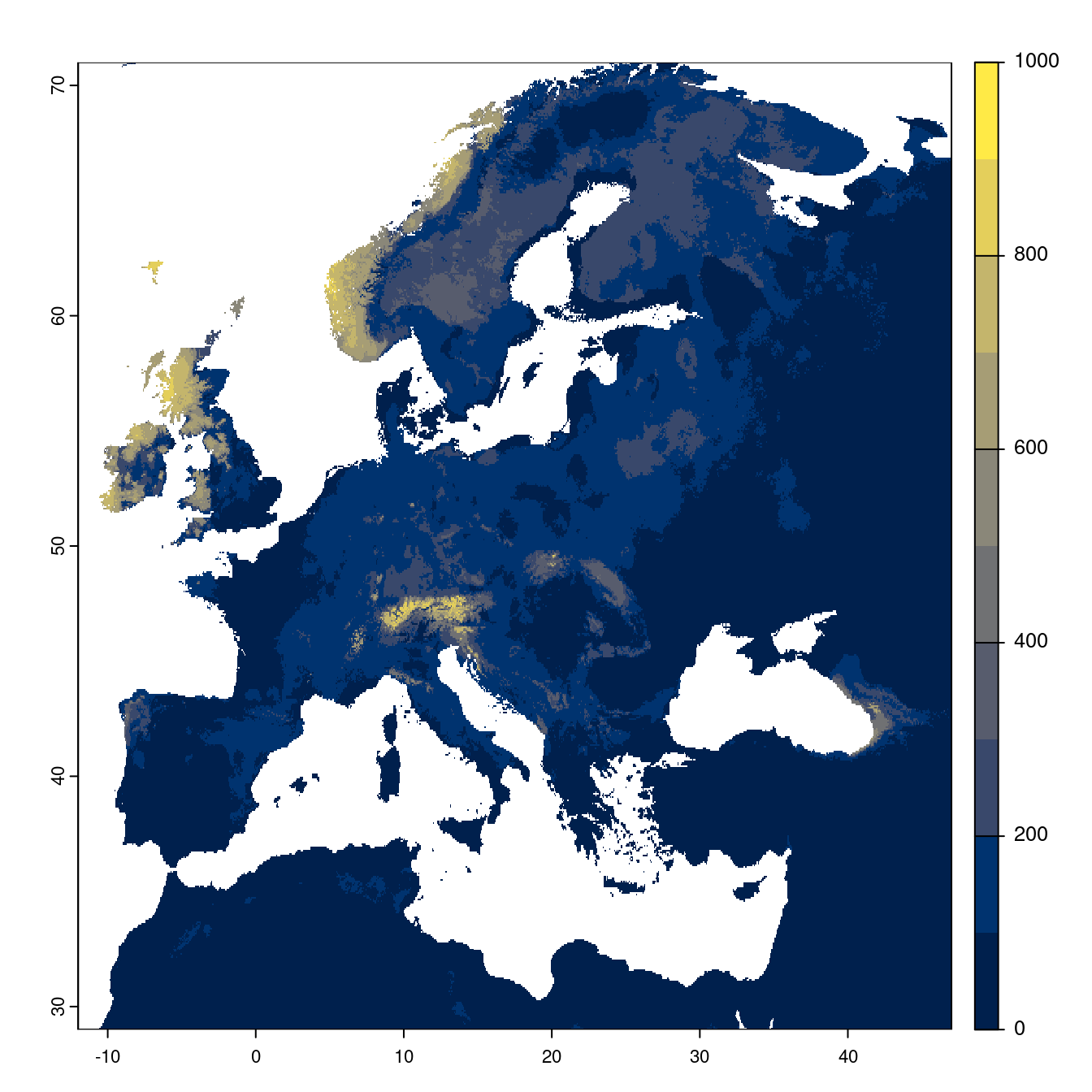 Projection des distributions potentielles futures jusqu'à l'horizon 2100 sous le scénario SSP5-8.5 (modèle d'ensemble).