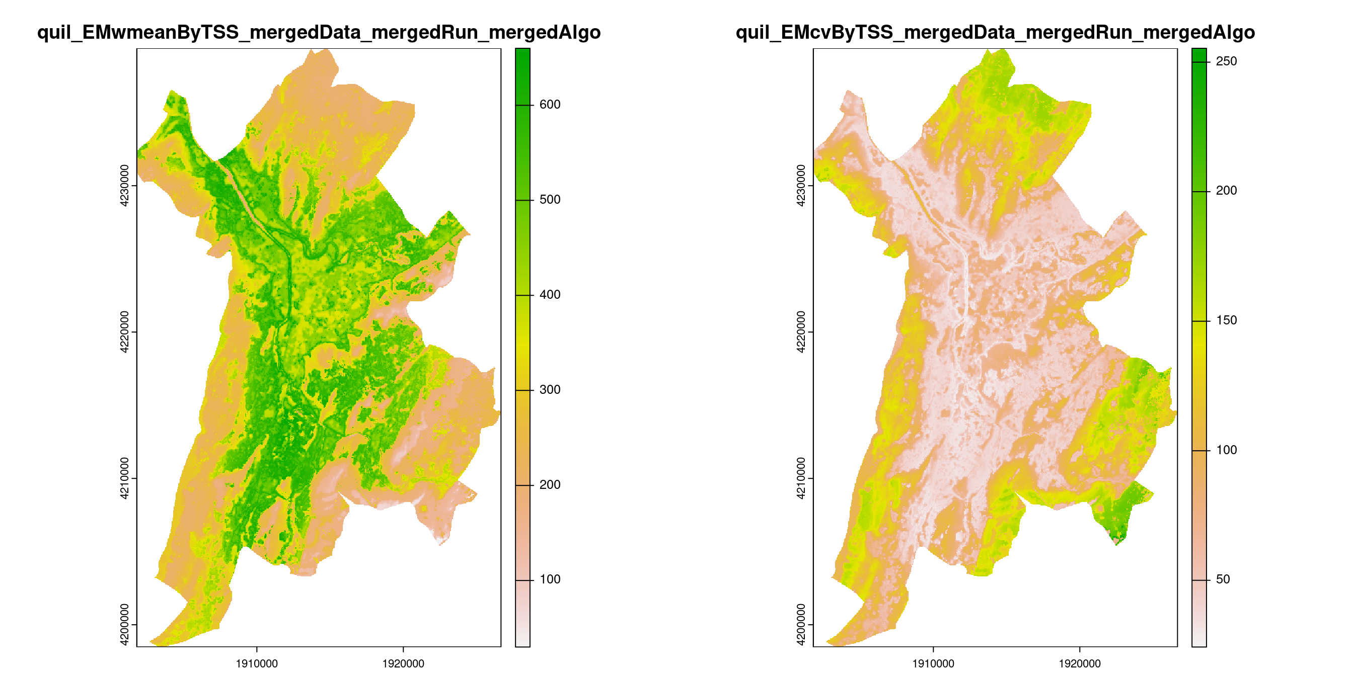 A) Projection de la distribution potentielle contemporaine (modèle d'ensemble) sur la métropole de Grenoble ; B) Incertitude associée à la projection.