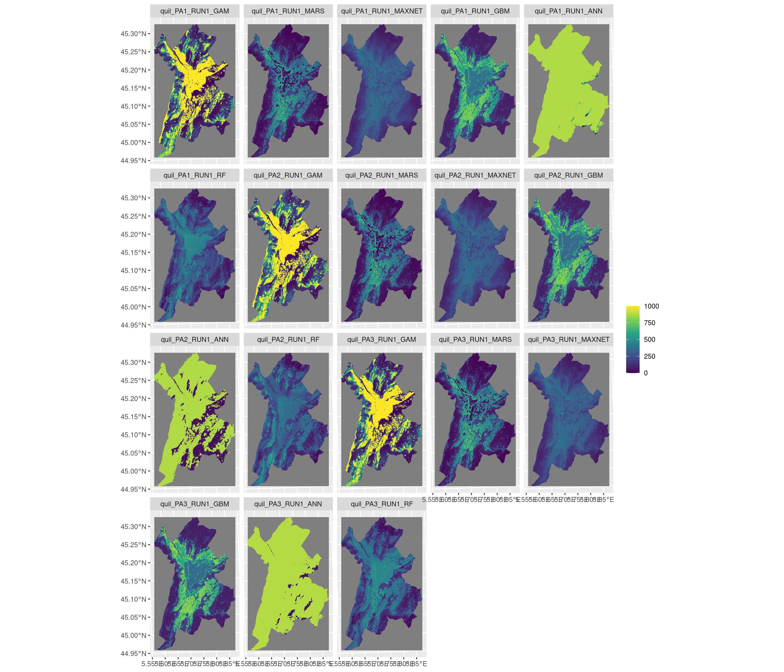 Projection de la distribution potentielle contemporaine sur la métropole de Grenoble, selon les 6 algorithmes et les 3 runs.