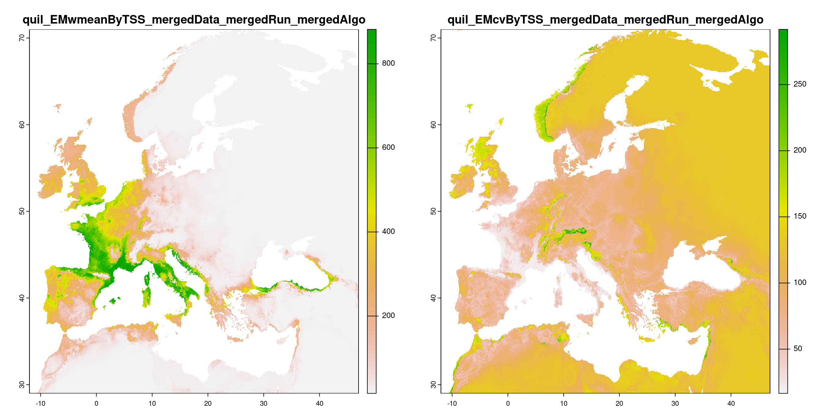 A) Projection de la distribution potentielle contemporaine (modèle d'ensemble) ; B) Incertitude associée à la projection.