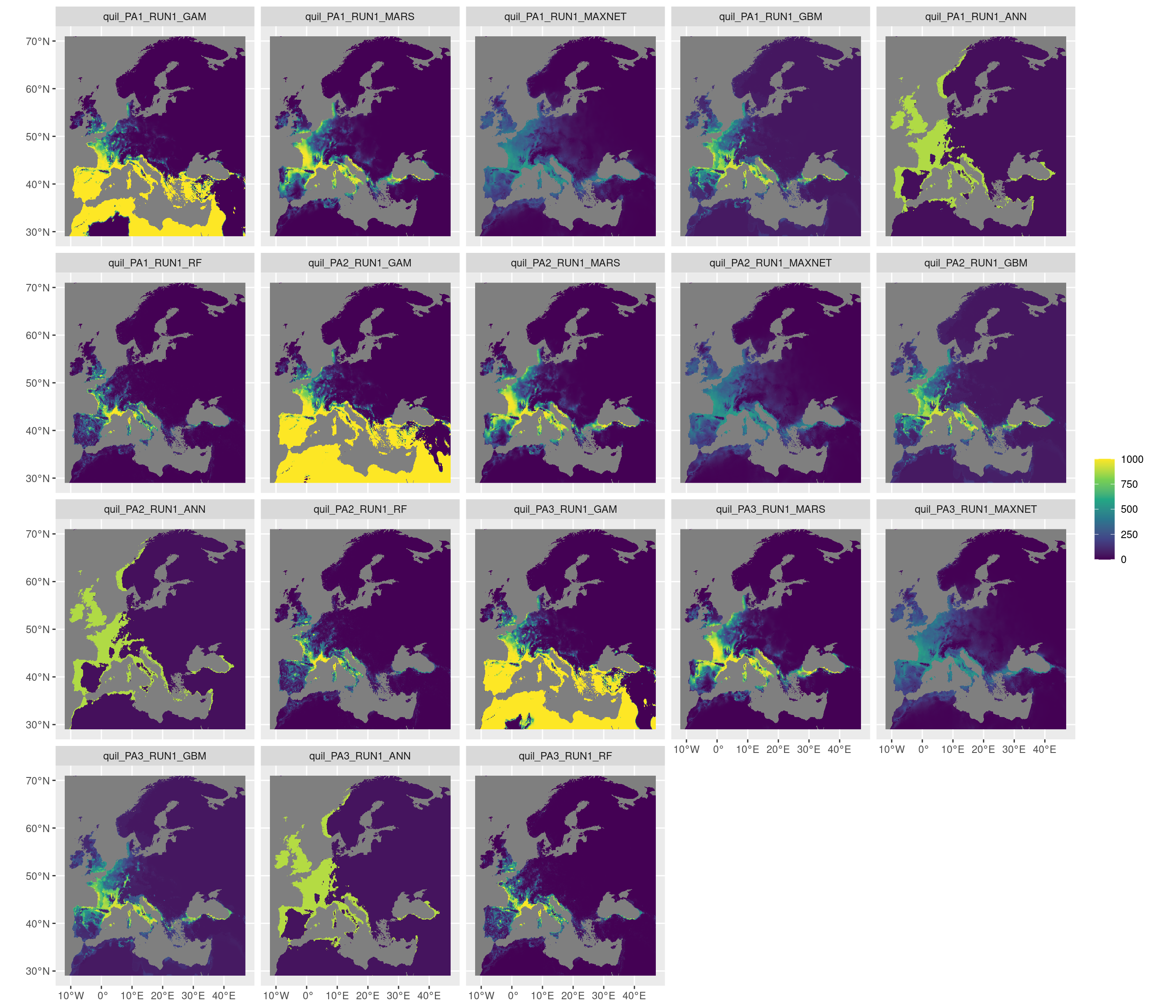 Projection de la distribution potentielle contemporaine sur l'Europe, selon les 6 algorithmes et les 3 runs.