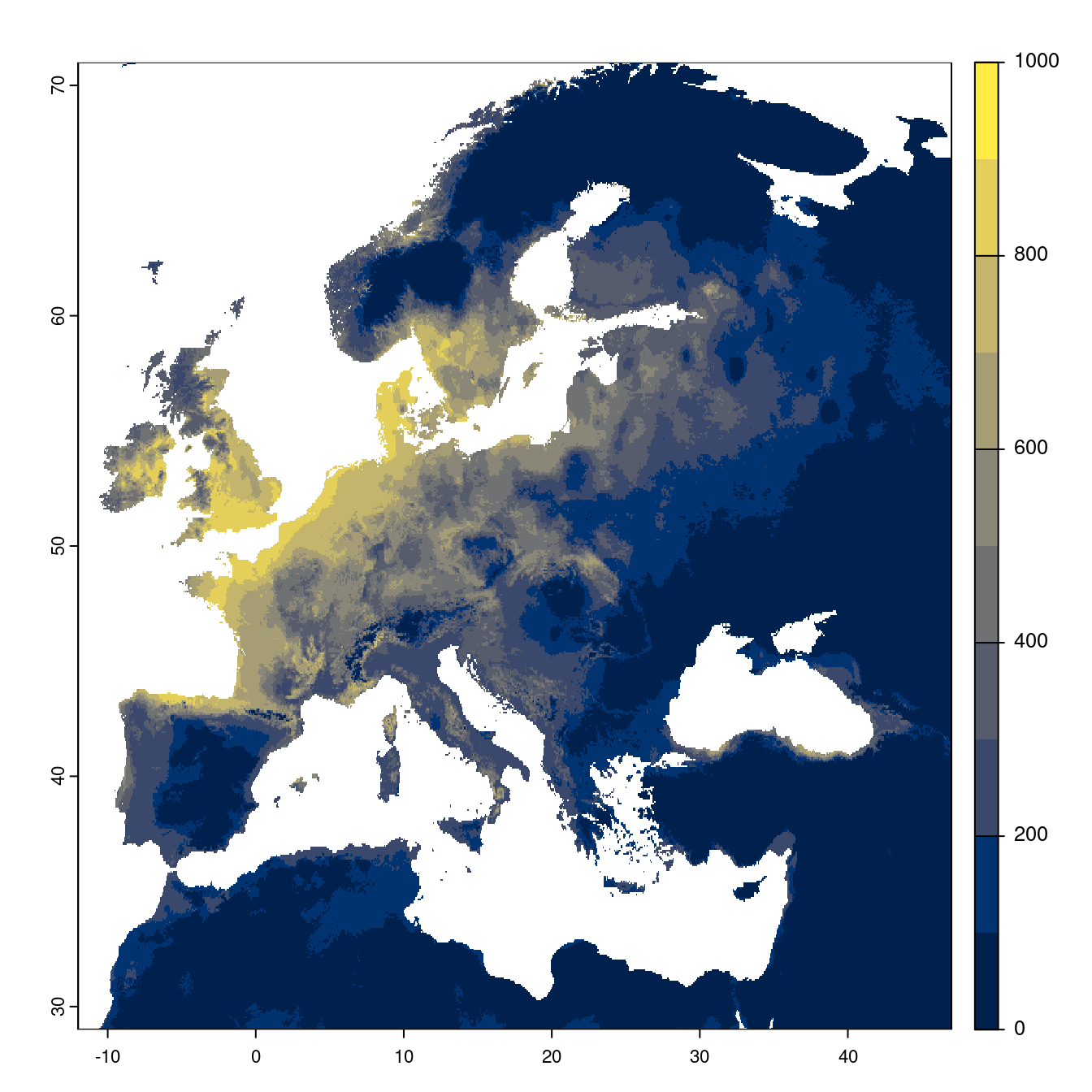 Projection des distributions potentielles futures jusqu'à l'horizon 2100 sous le scénario SSP3-7.0 (modèle d'ensemble).