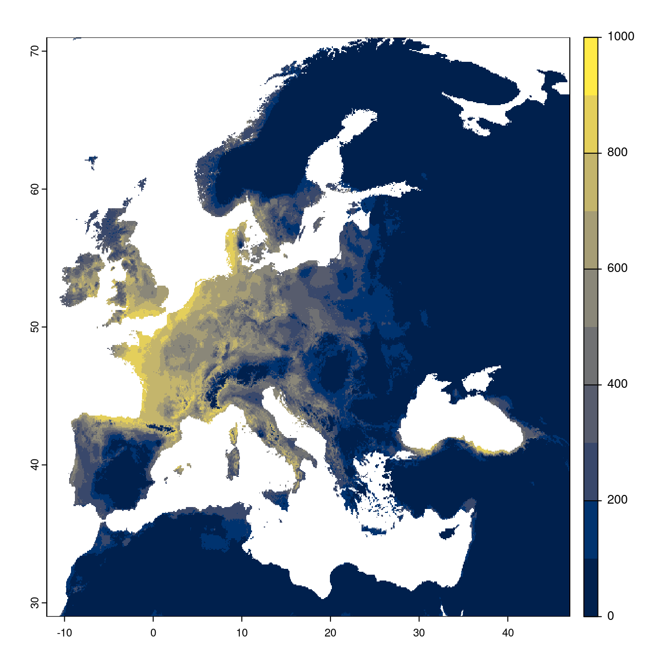 Projection des distributions potentielles futures jusqu'à l'horizon 2100 sous le scénario SSP5-8.5 (modèle d'ensemble).