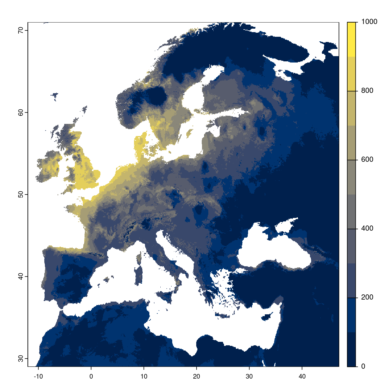Projection des distributions potentielles futures jusqu'à l'horizon 2100 sous le scénario SSP5-8.5 (modèle d'ensemble).
