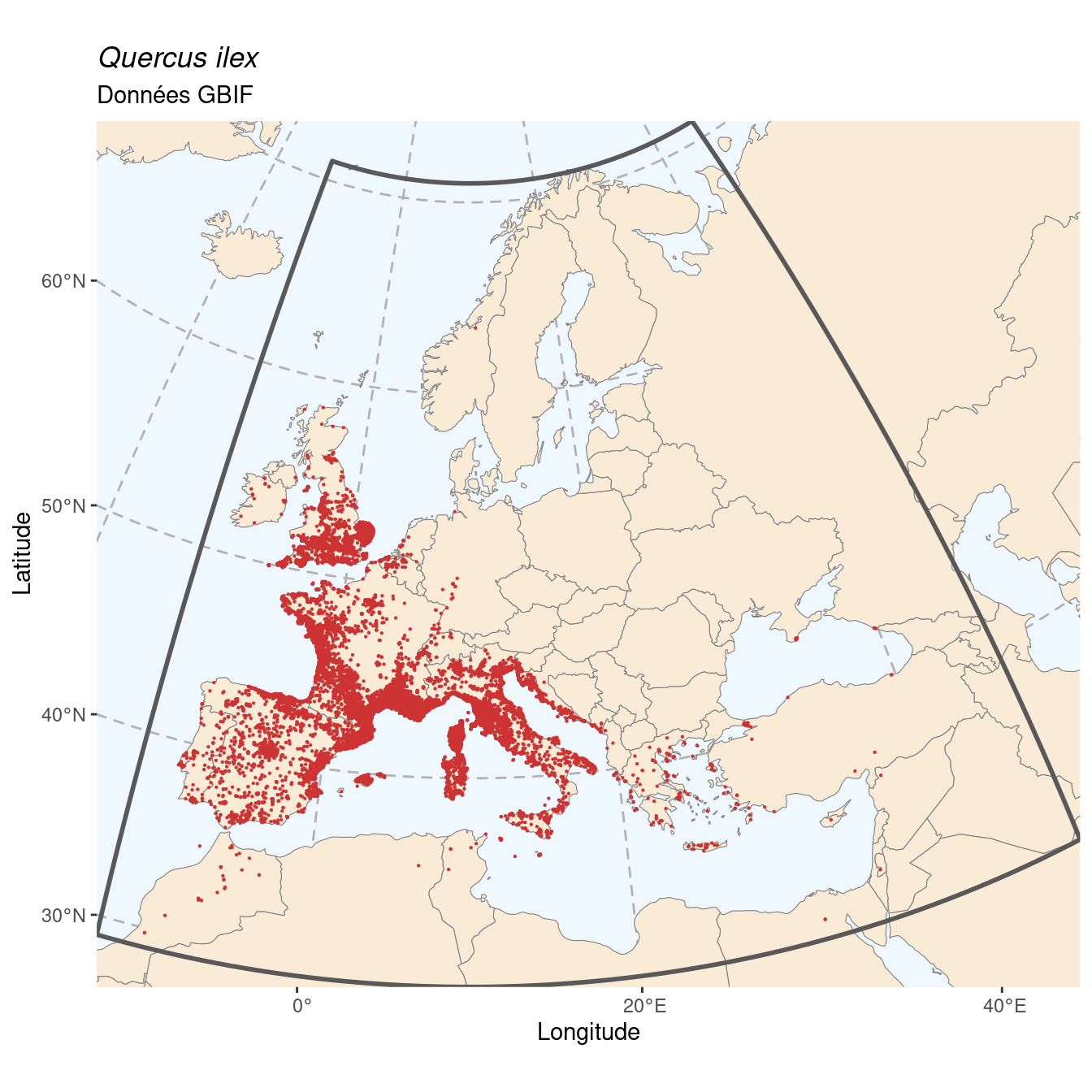 Occurrence de Quercus ilex dans la région d'endémisme.