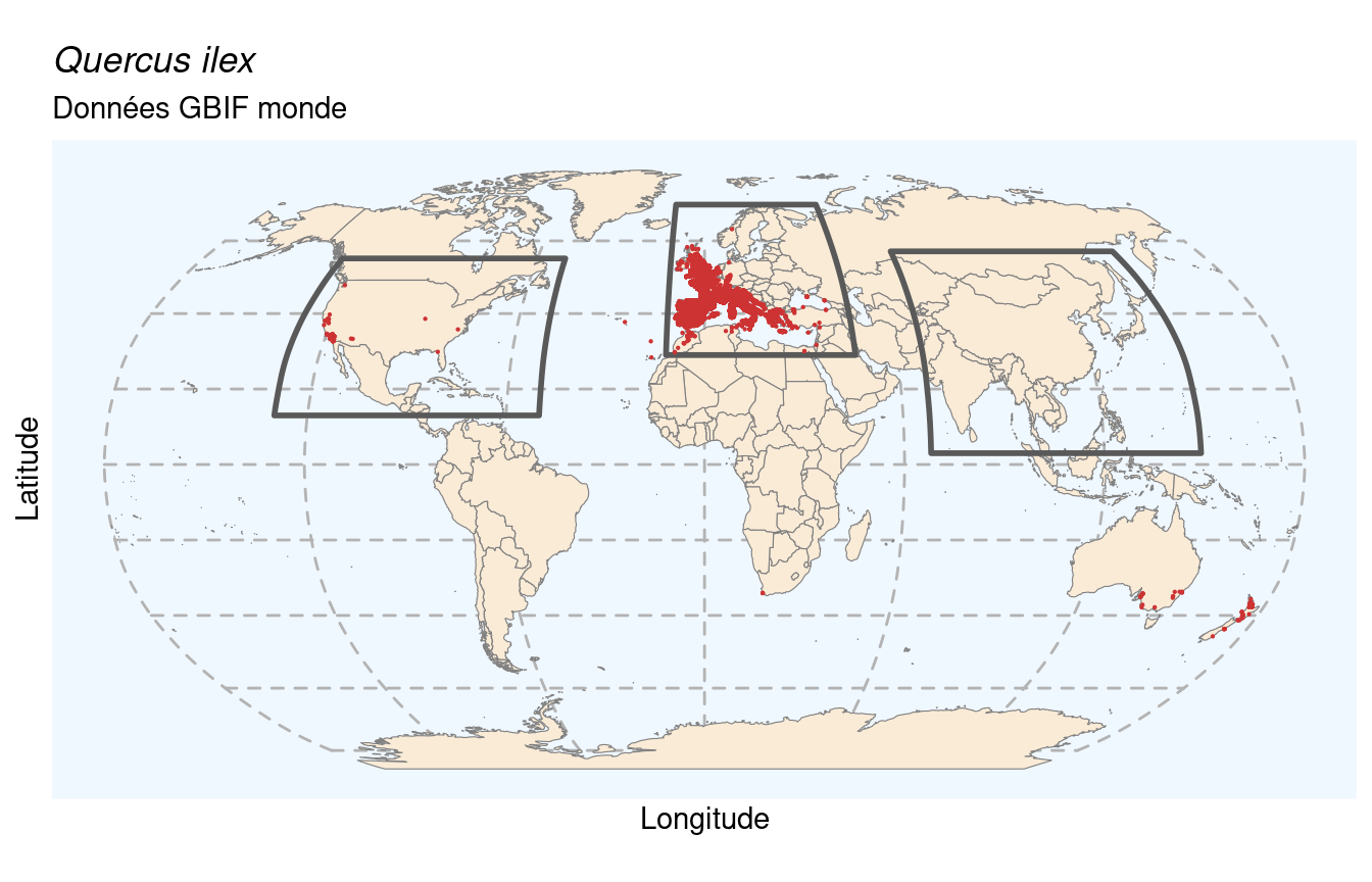 Occurrences de Quercus ilex dans le monde.