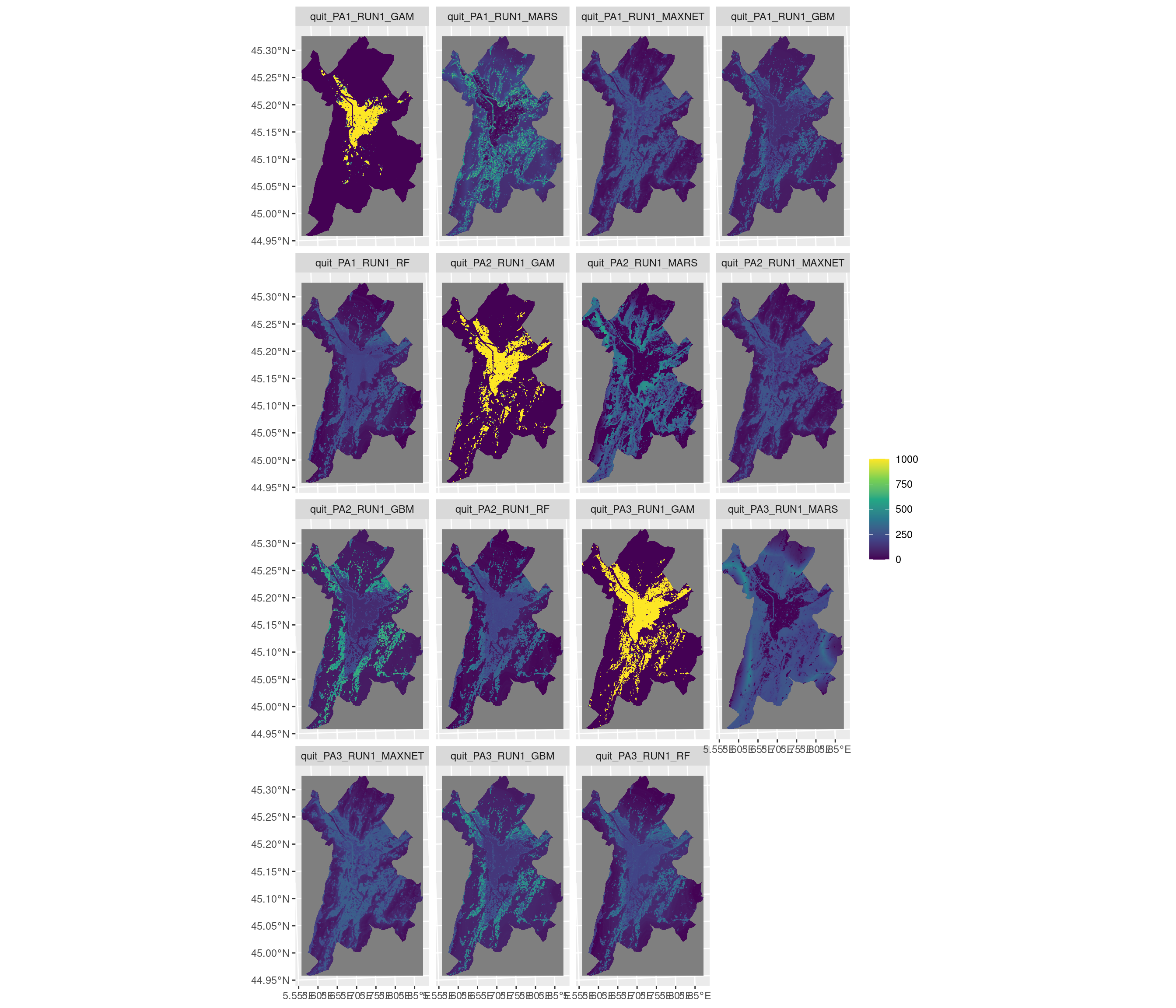 Projection de la distribution potentielle contemporaine sur la métropole de Grenoble, selon les 6 algorithmes et les 3 runs.