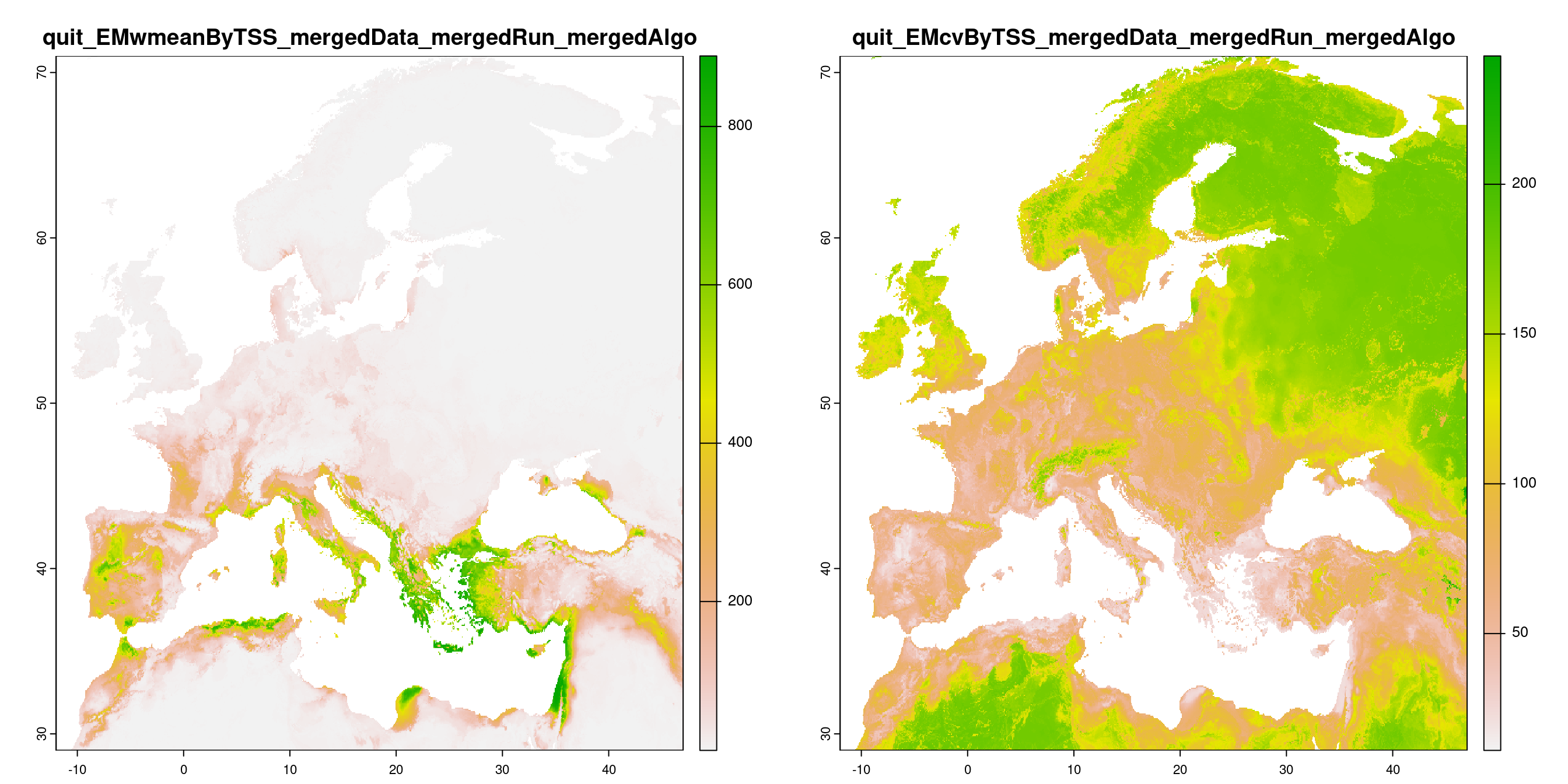 A) Projection de la distribution potentielle contemporaine (modèle d'ensemble) ; B) Incertitude associée à la projection.