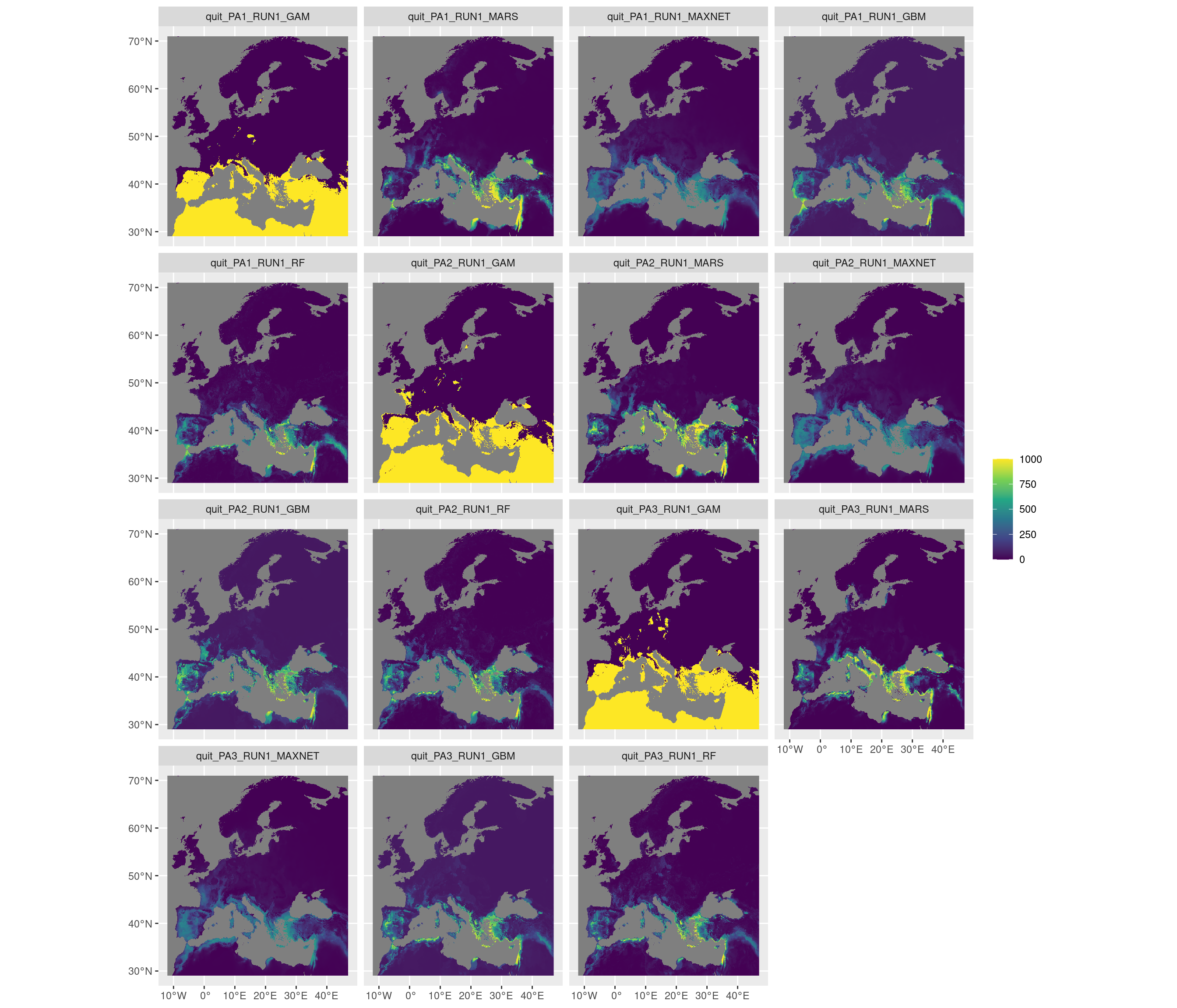 Projection de la distribution potentielle contemporaine sur l'Europe, selon les 6 algorithmes et les 3 runs.
