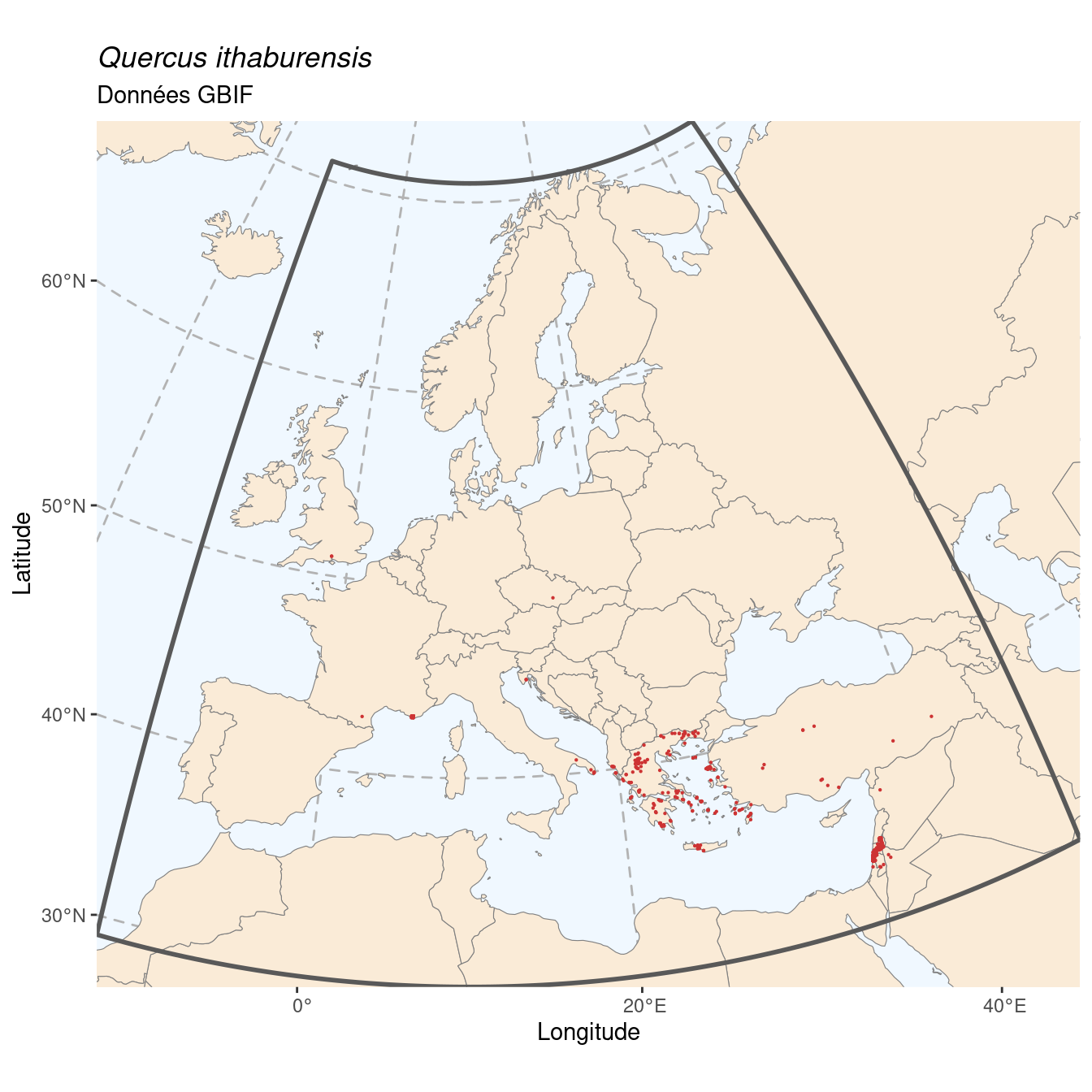Occurrence de Quercus ithaburensis dans la région d'endémisme.