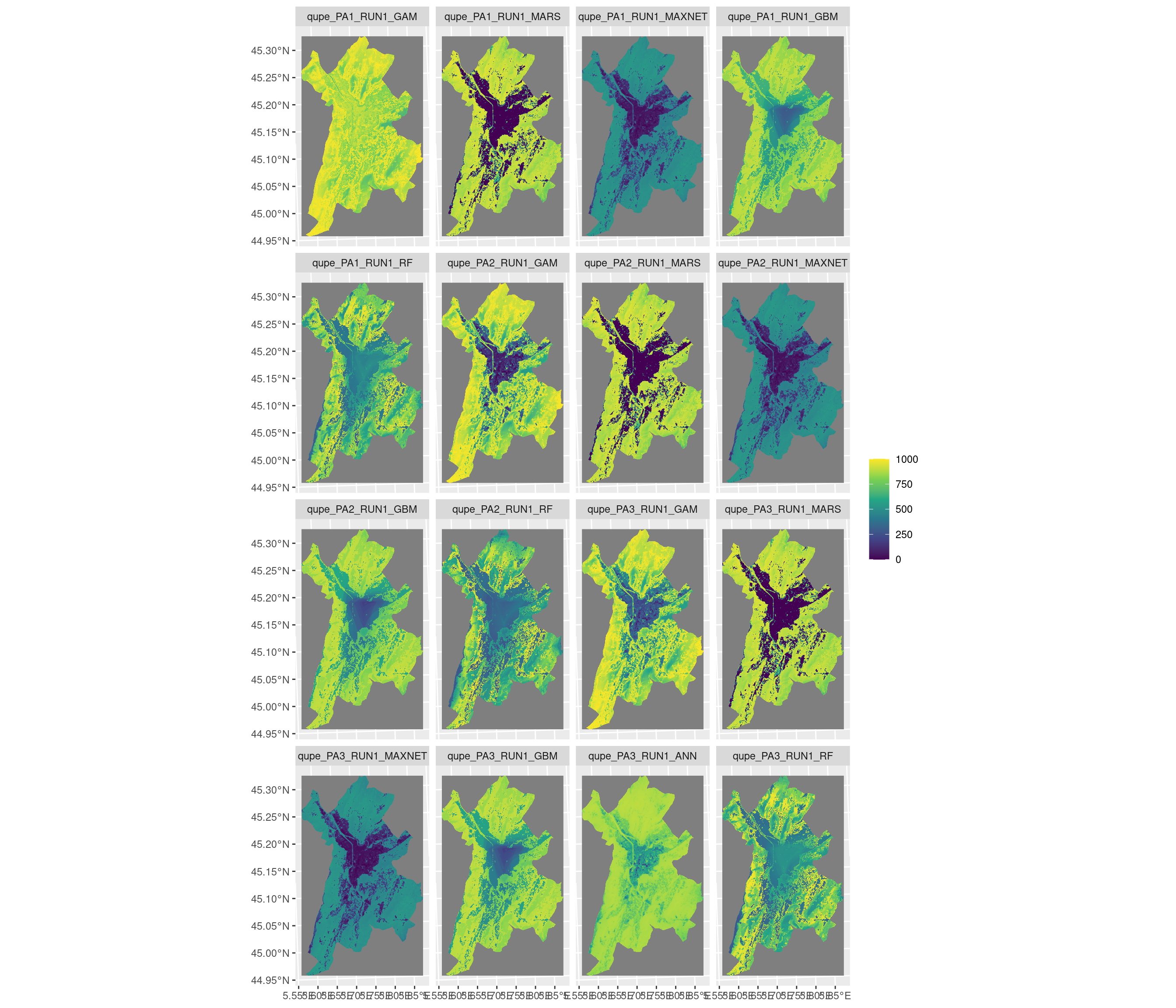 Projection de la distribution potentielle contemporaine sur la métropole de Grenoble, selon les 6 algorithmes et les 3 runs.
