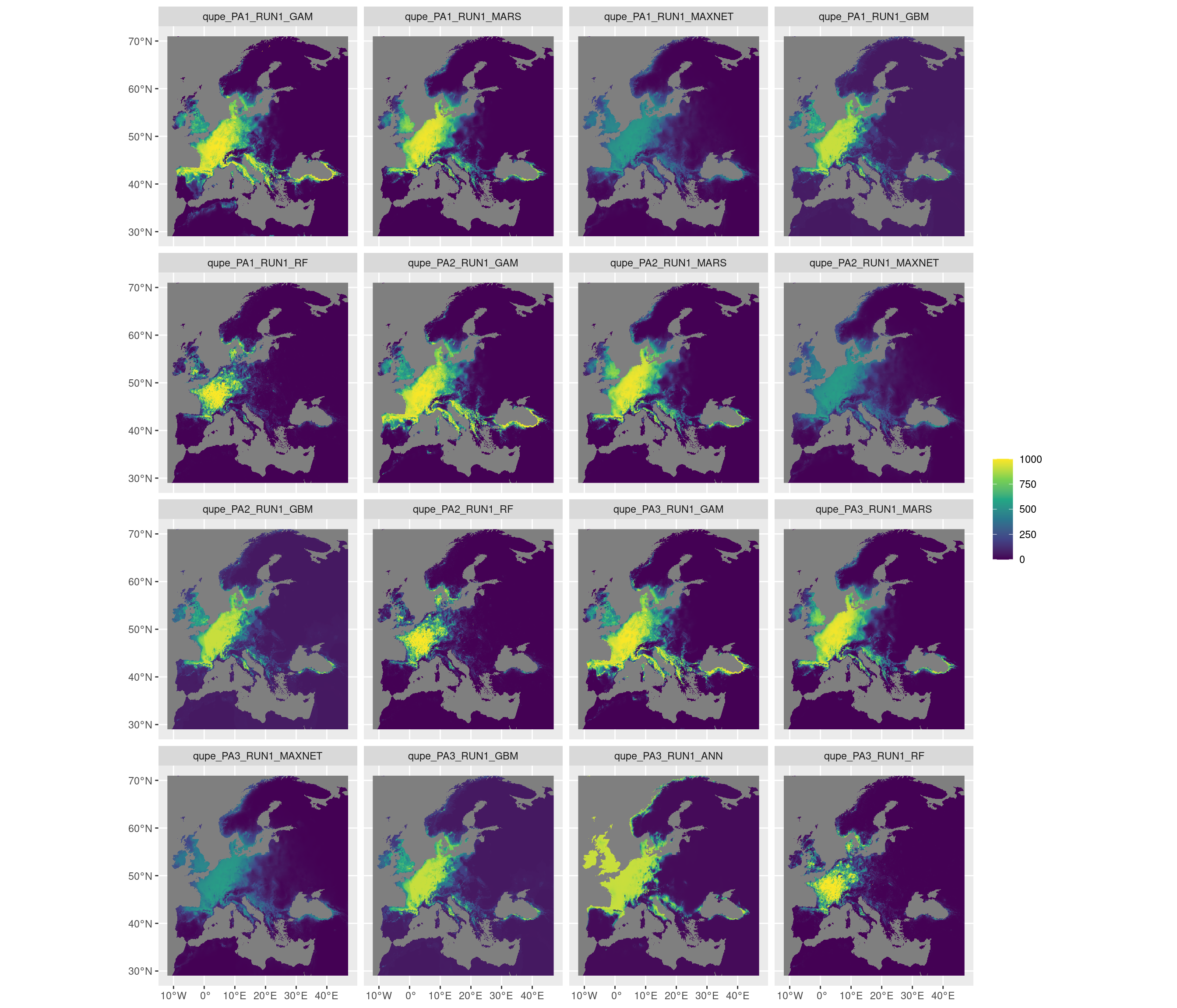 Projection de la distribution potentielle contemporaine sur l'Europe, selon les 6 algorithmes et les 3 runs.