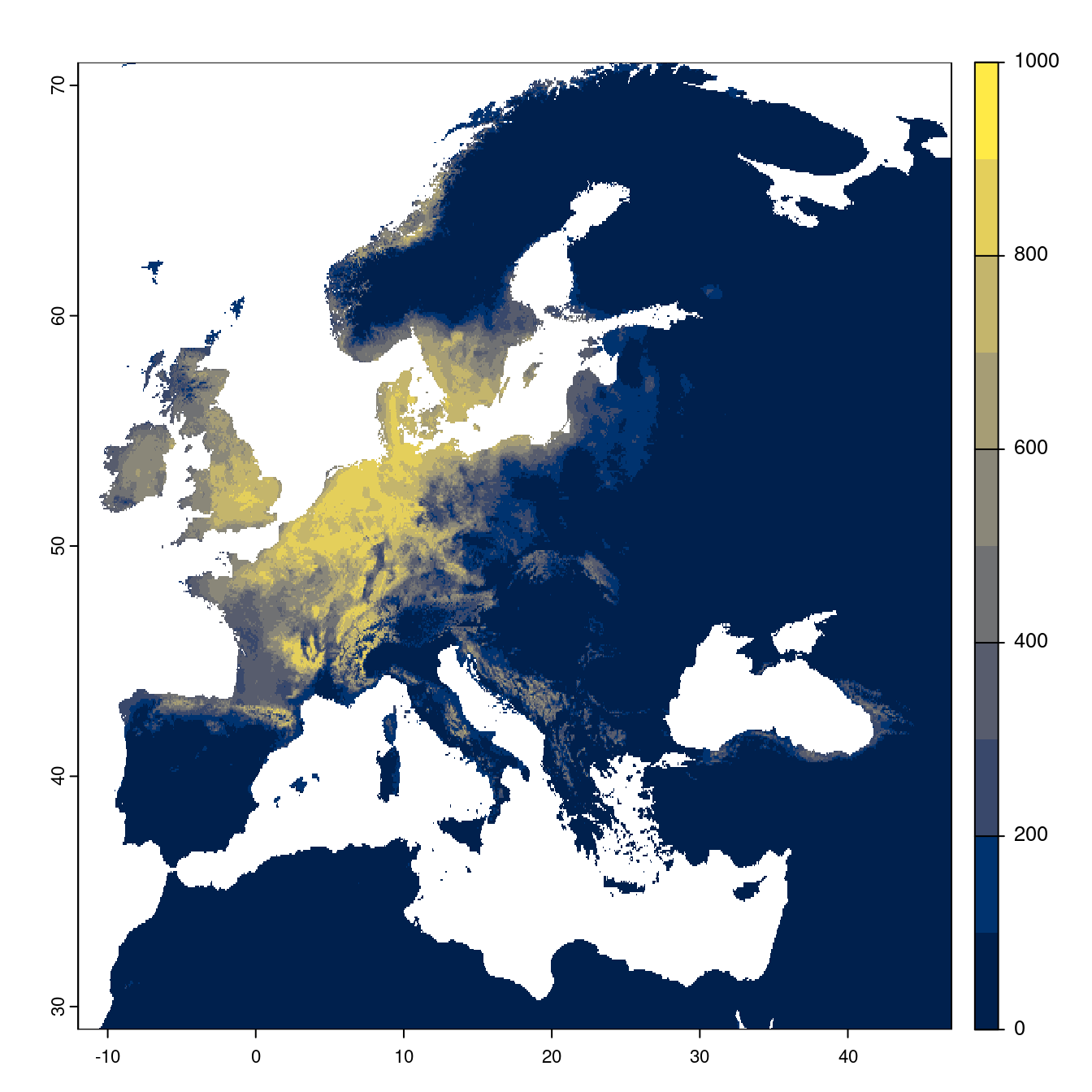 Projection des distributions potentielles futures jusqu'à l'horizon 2100 sous le scénario SSP1-2.6 (modèle d'ensemble).