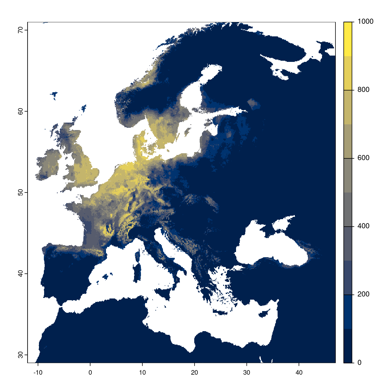 Projection des distributions potentielles futures jusqu'à l'horizon 2100 sous le scénario SSP3-7.0 (modèle d'ensemble).