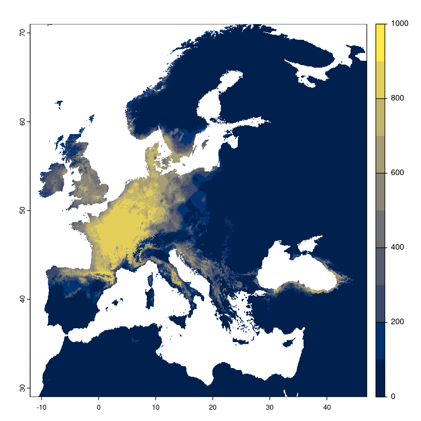 Projection des distributions potentielles futures jusqu'à l'horizon 2100 sous le scénario SSP5-8.5 (modèle d'ensemble).