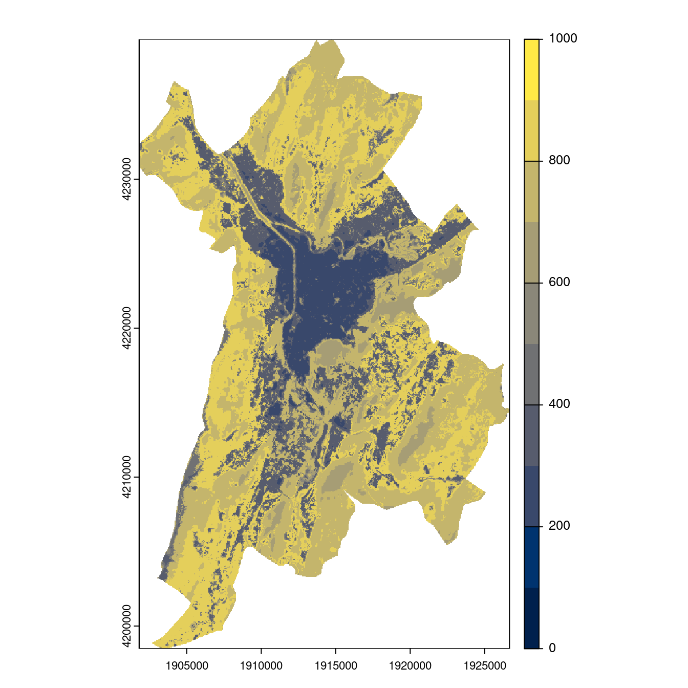 Projection des distributions potentielles contemporaine et futures jusqu'à l'horizon 2100 sous le scénario SSP5-8.5 (modèle d'ensemble, GCM IPSL).