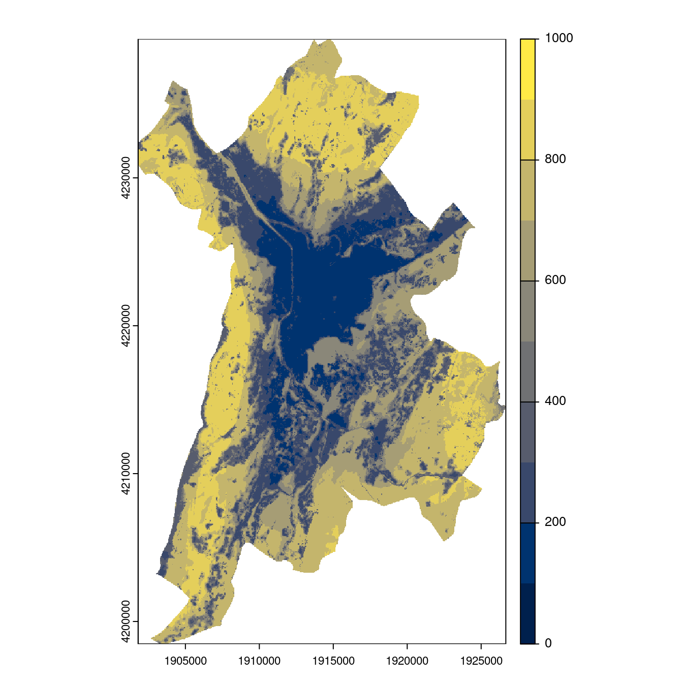 Projection des distributions potentielles contemporaine et futures jusqu'à l'horizon 2100 sous le scénario SSP5-8.5 (modèle d'ensemble, GCM IPSL).