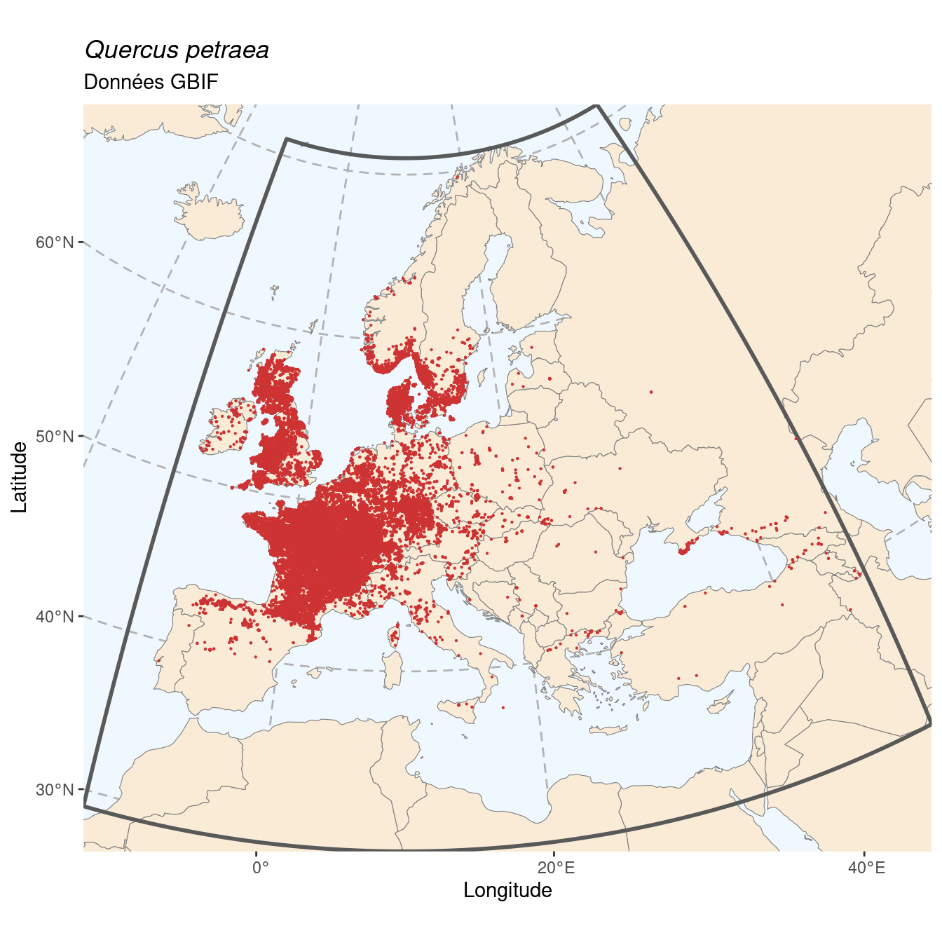 Occurrence de Quercus petraea dans la région d'endémisme.