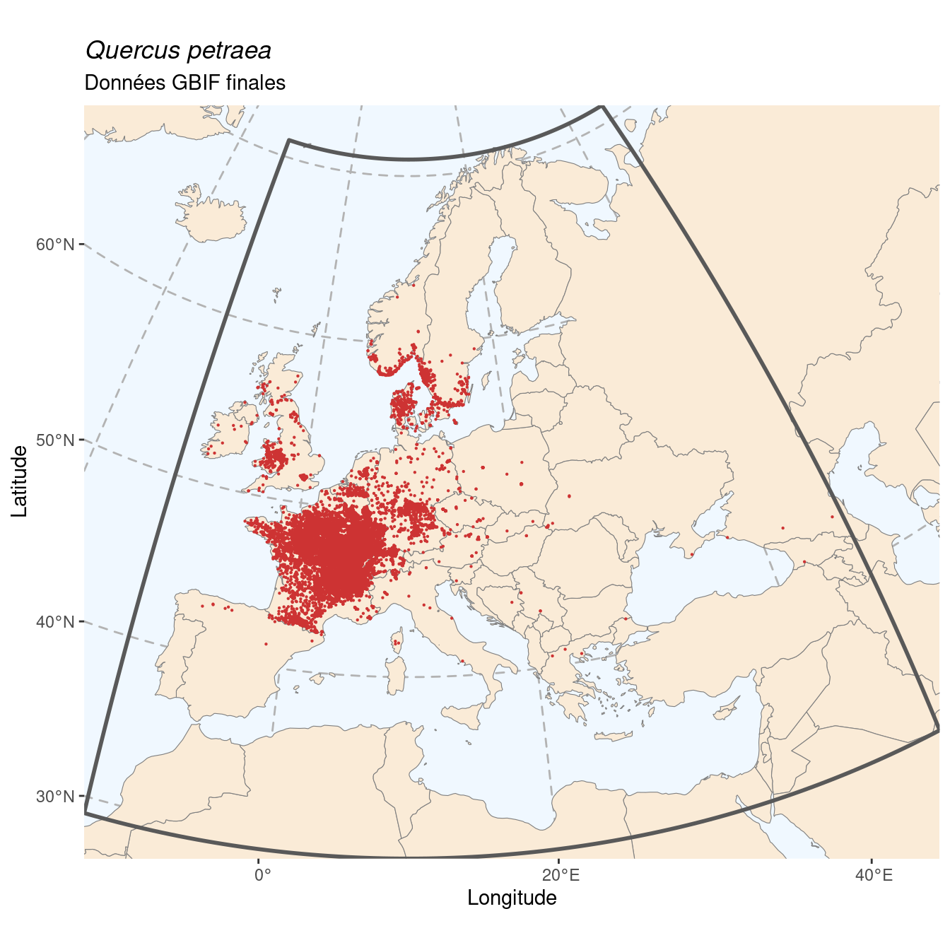 Occurrence de Quercus petraea dans la région d'endémisme après sous-échantillonnage éventuel.