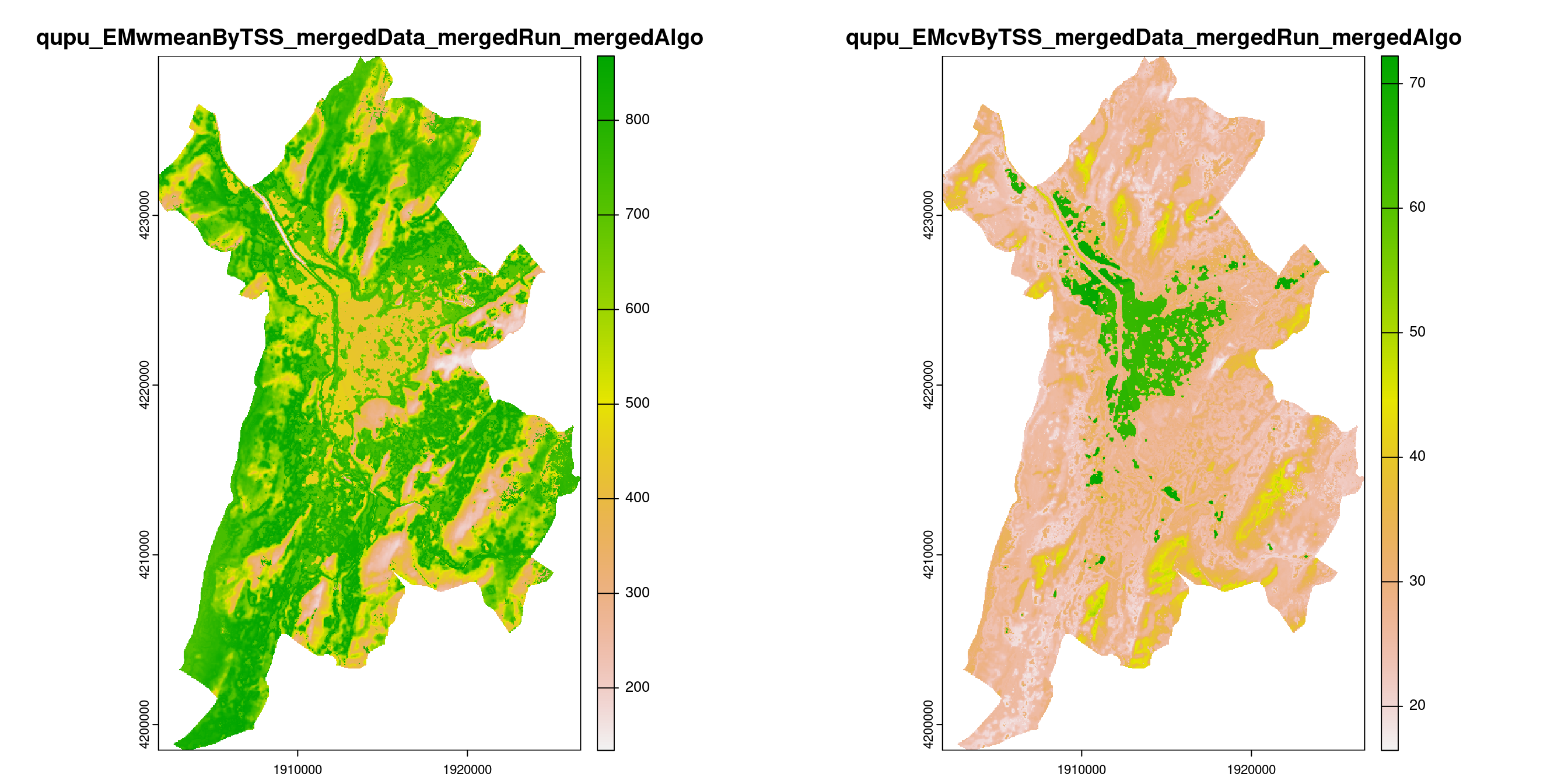 A) Projection de la distribution potentielle contemporaine (modèle d'ensemble) sur la métropole de Grenoble ; B) Incertitude associée à la projection.
