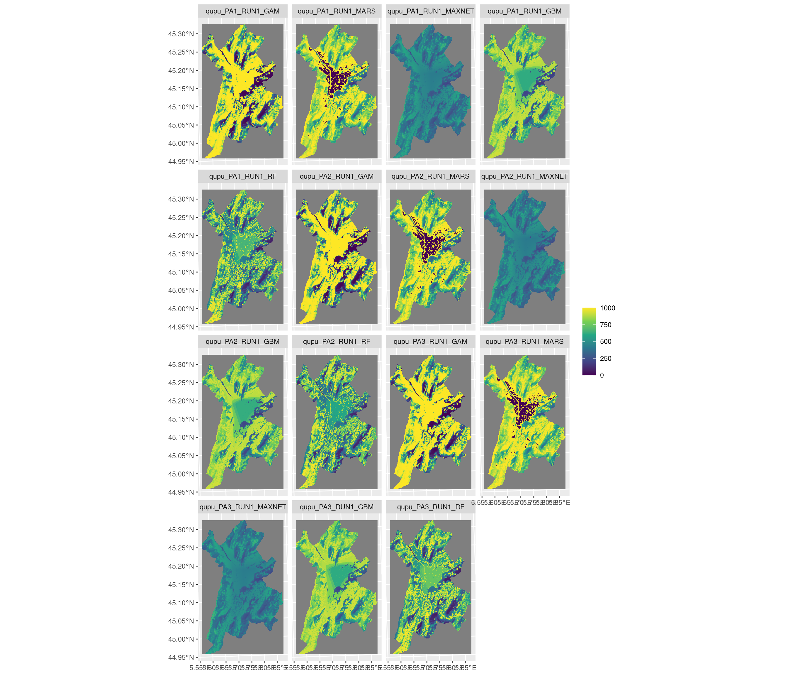 Projection de la distribution potentielle contemporaine sur la métropole de Grenoble, selon les 6 algorithmes et les 3 runs.