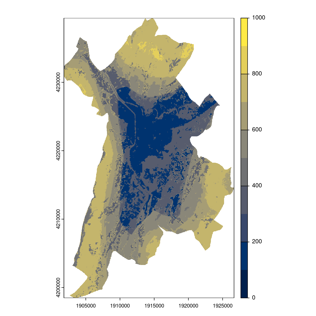 Projection des distributions potentielles contemporaine et futures jusqu'à l'horizon 2100 sous le scénario SSP5-8.5 (modèle d'ensemble, GCM IPSL).