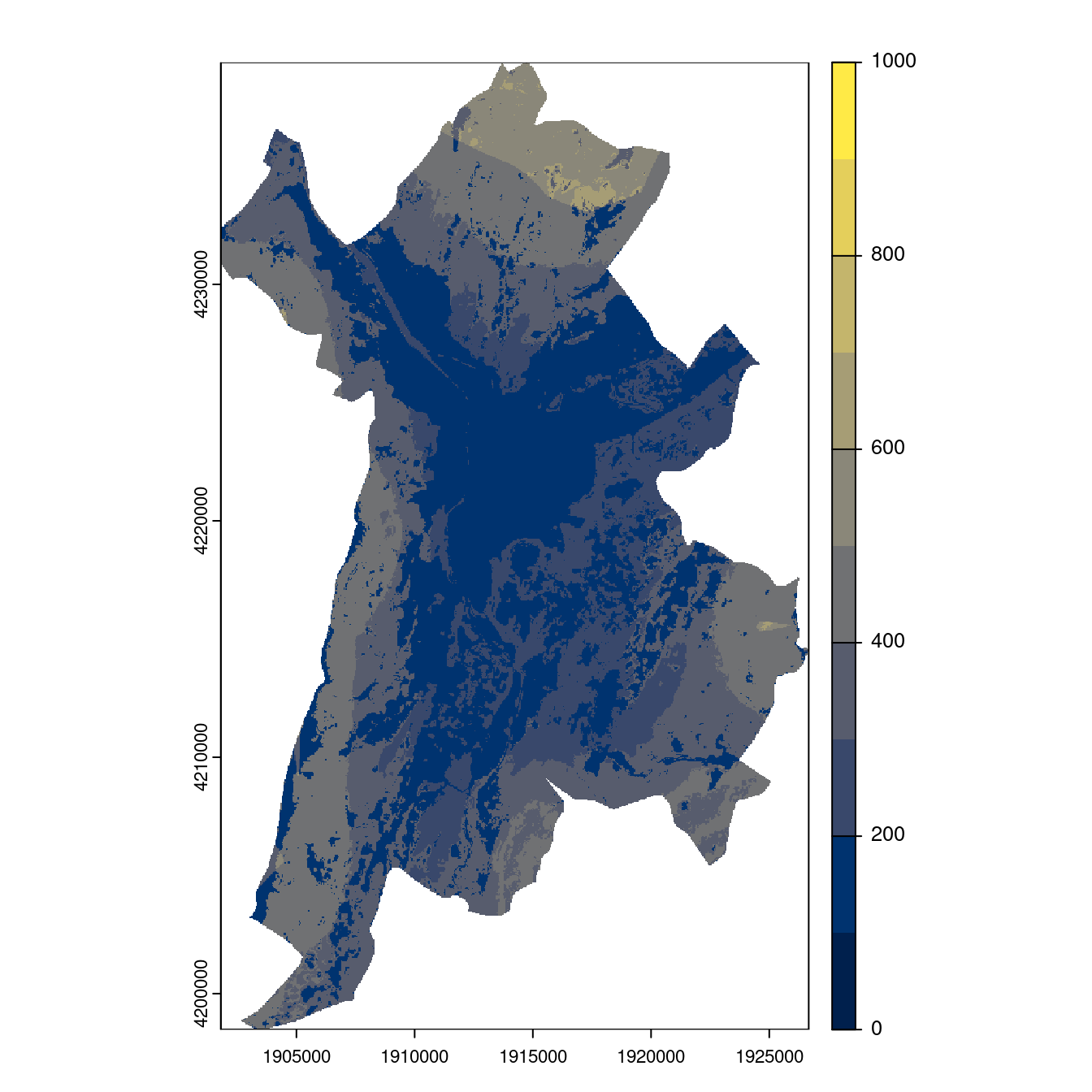 Projection des distributions potentielles contemporaine et futures jusqu'à l'horizon 2100 sous le scénario SSP5-8.5 (modèle d'ensemble, GCM IPSL).