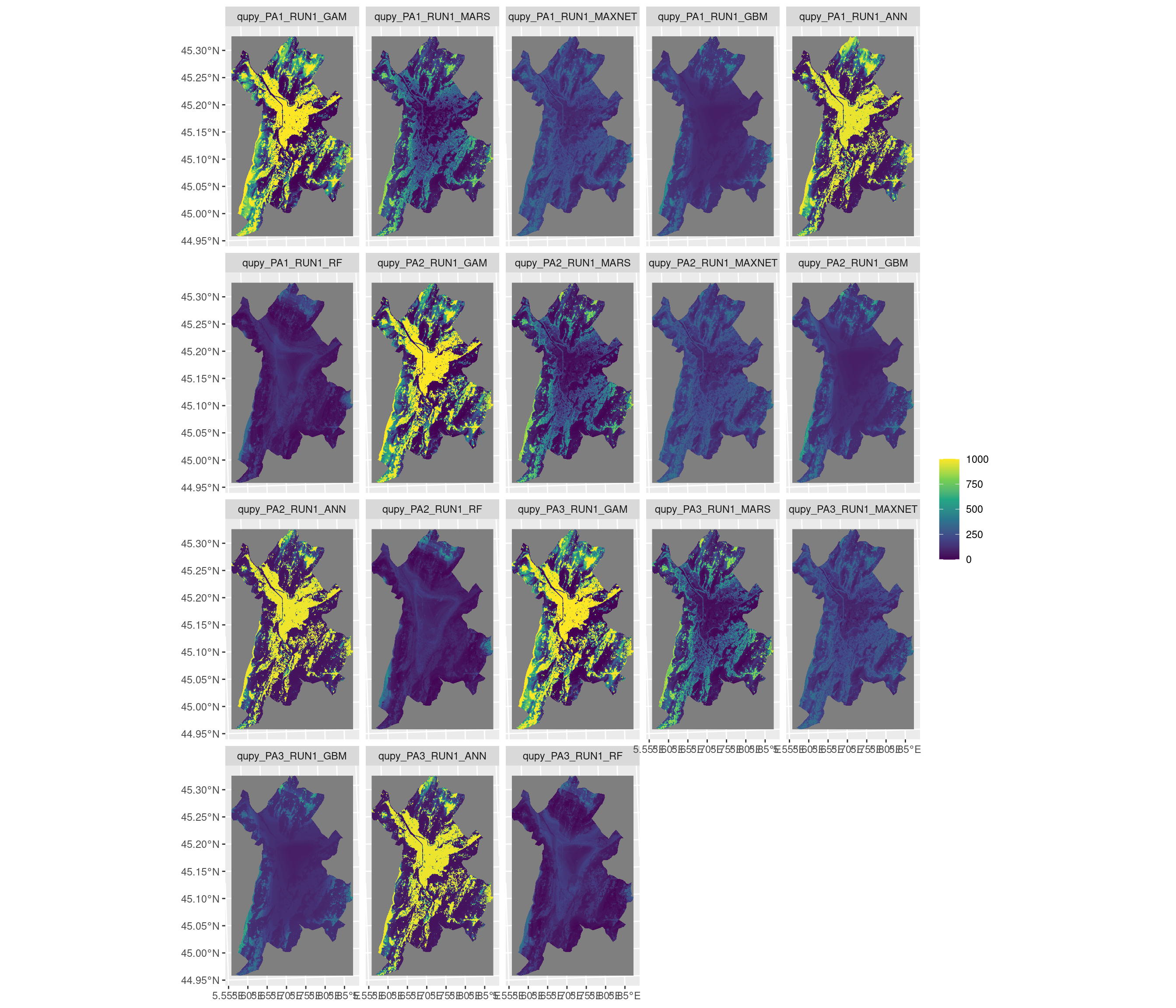 Projection de la distribution potentielle contemporaine sur la métropole de Grenoble, selon les 6 algorithmes et les 3 runs.