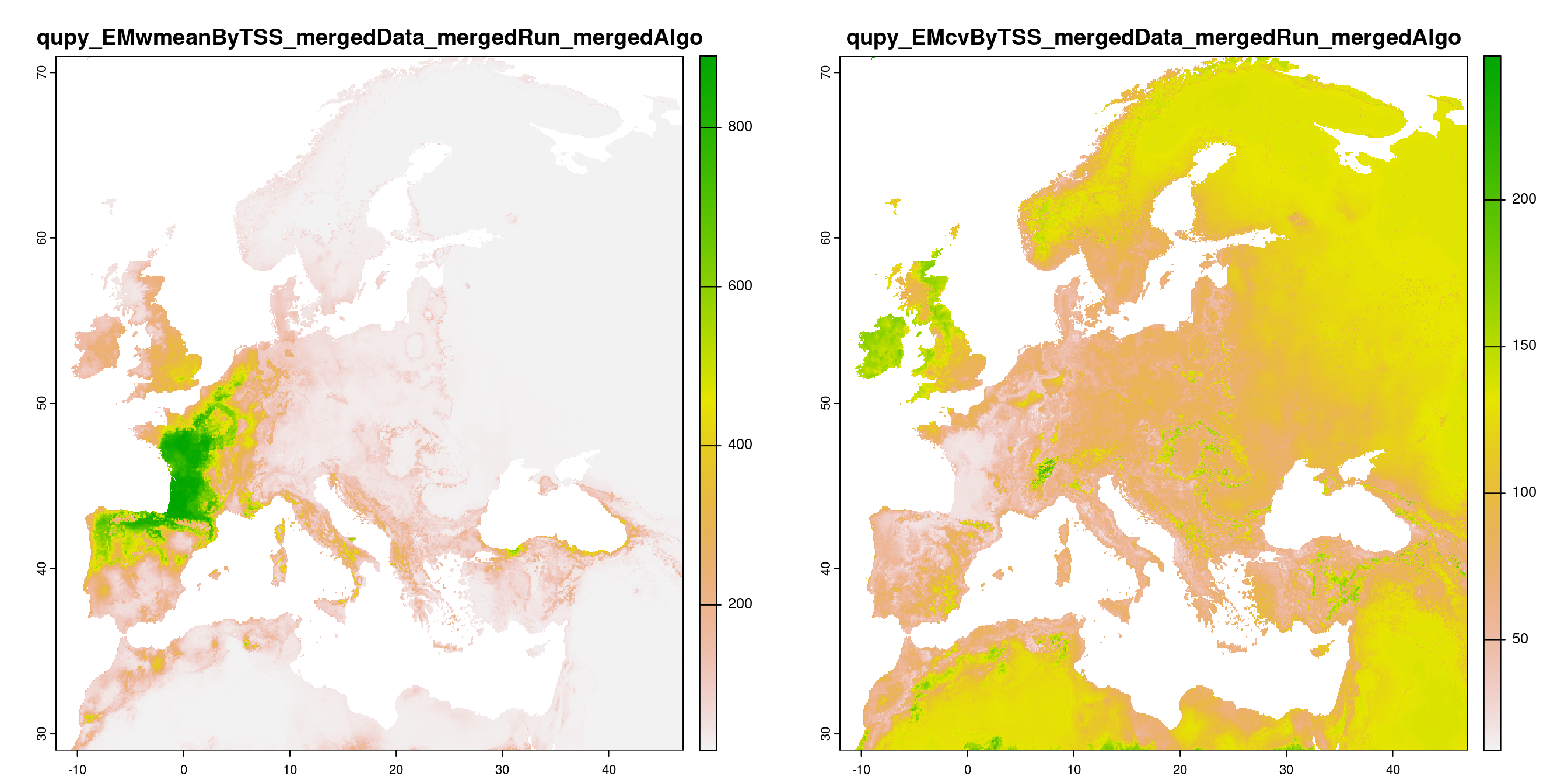A) Projection de la distribution potentielle contemporaine (modèle d'ensemble) ; B) Incertitude associée à la projection.