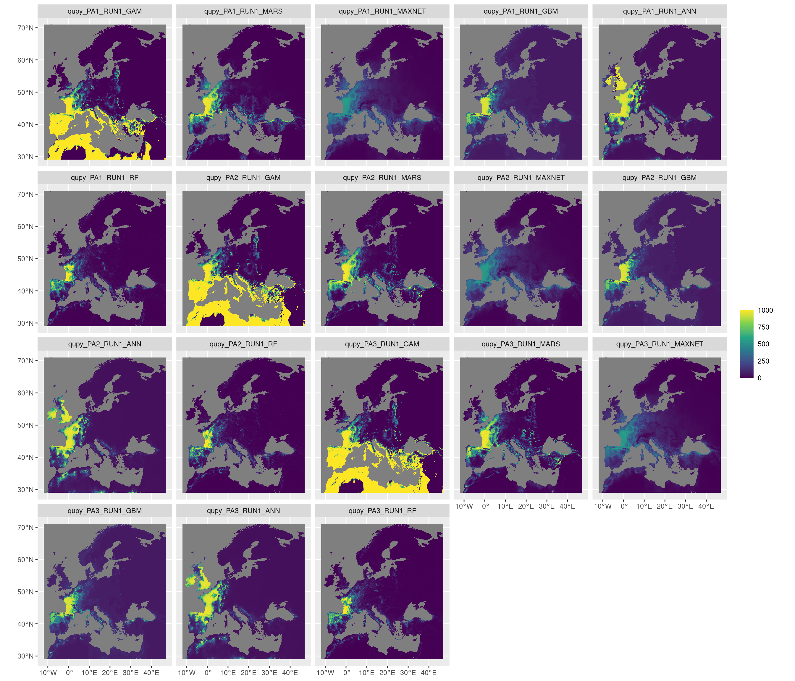 Projection de la distribution potentielle contemporaine sur l'Europe, selon les 6 algorithmes et les 3 runs.