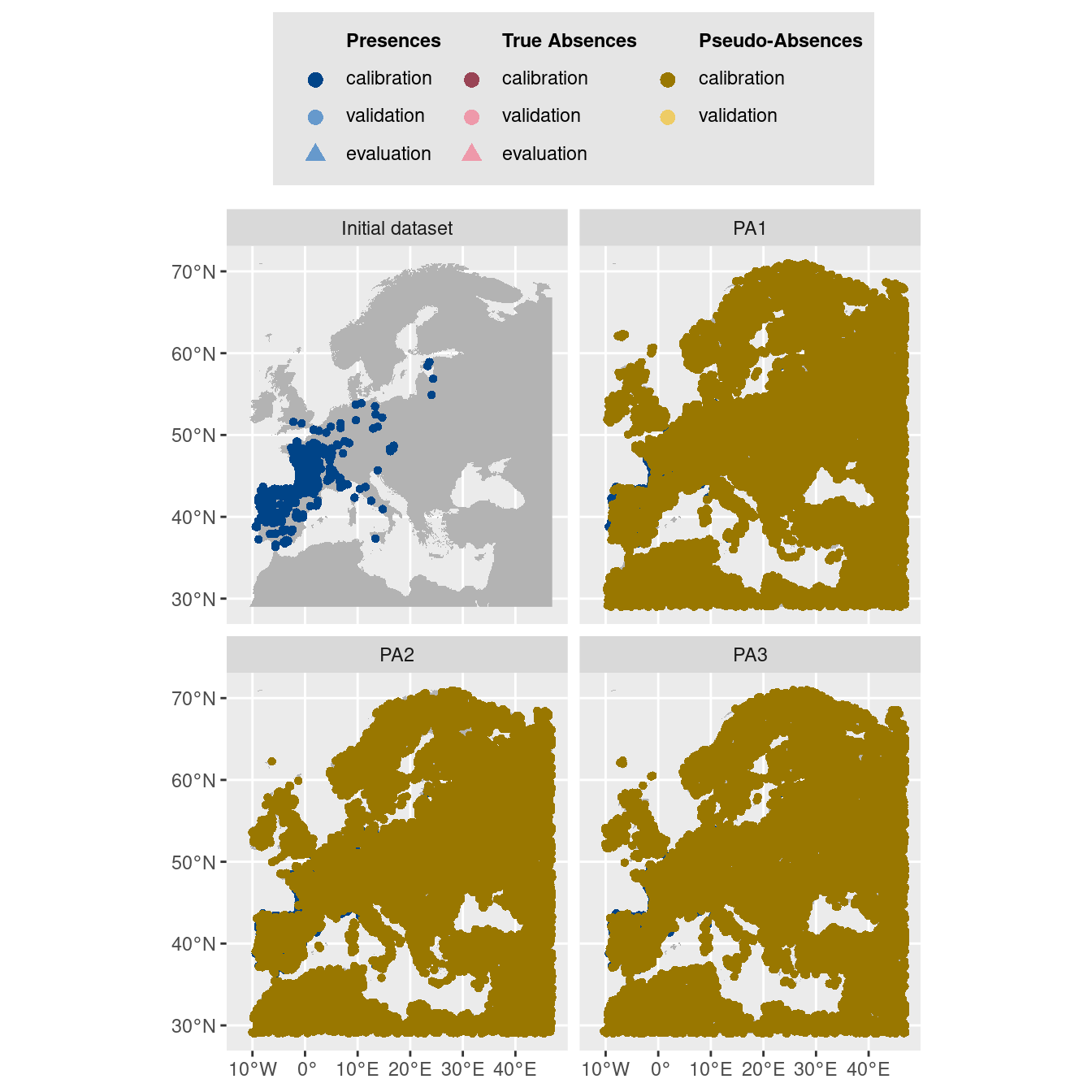 Les données d'occurrences (en haut à gauche) et les trois jeux de données aléatoires de pseudo-absences.