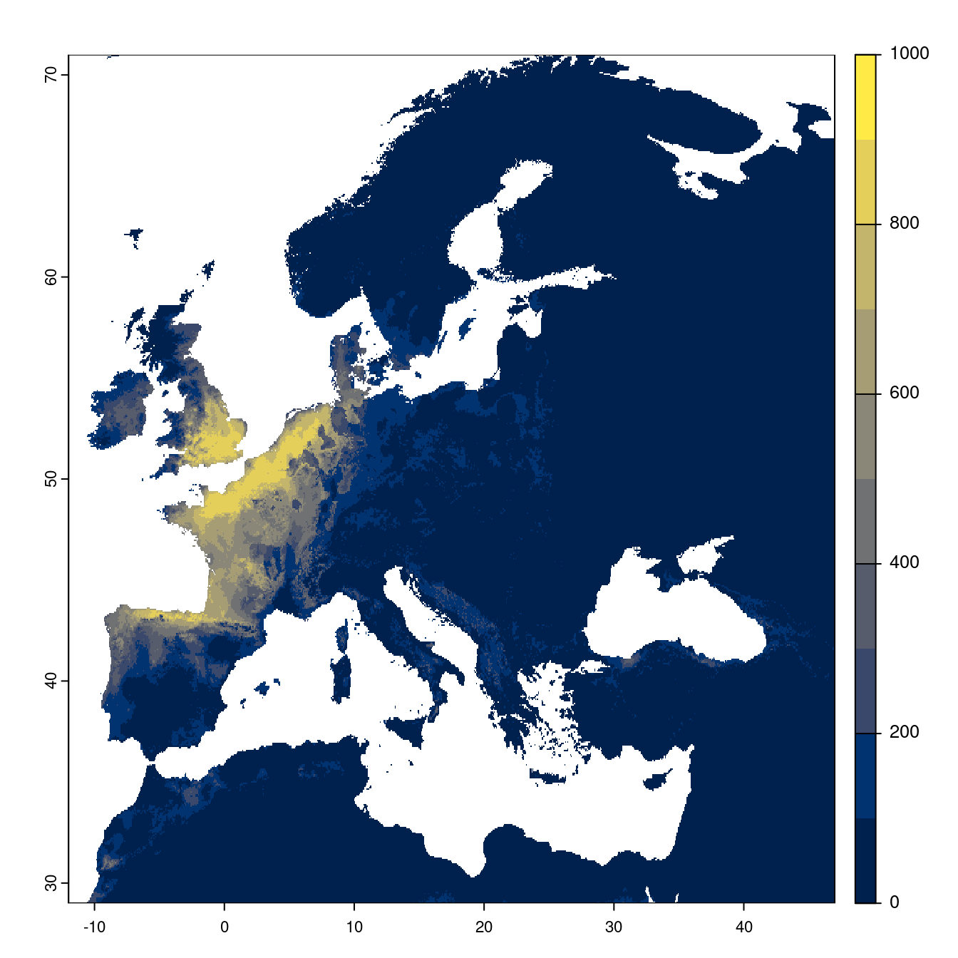 Projection des distributions potentielles futures jusqu'à l'horizon 2100 sous le scénario SSP1-2.6 (modèle d'ensemble).