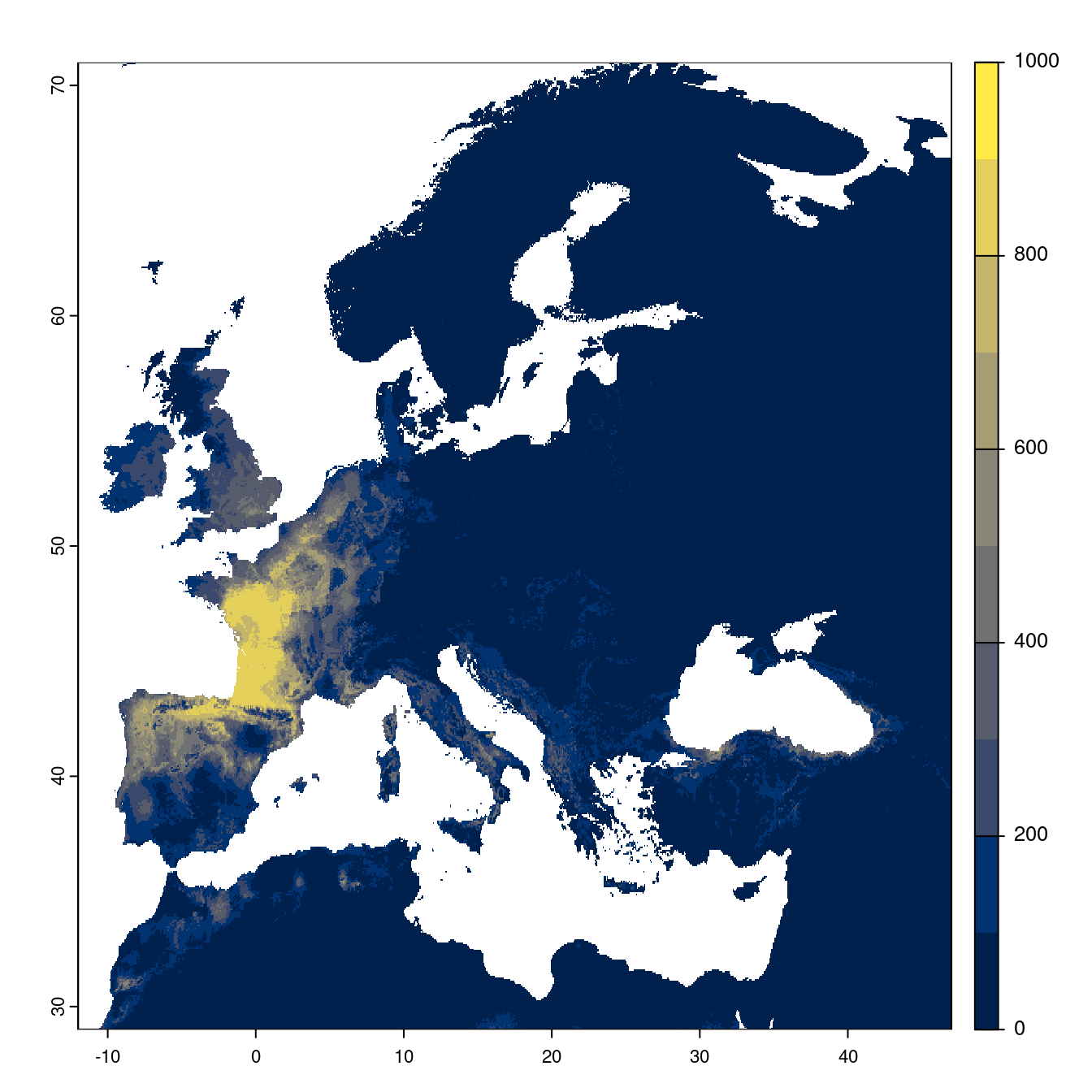 Projection des distributions potentielles futures jusqu'à l'horizon 2100 sous le scénario SSP3-7.0 (modèle d'ensemble).