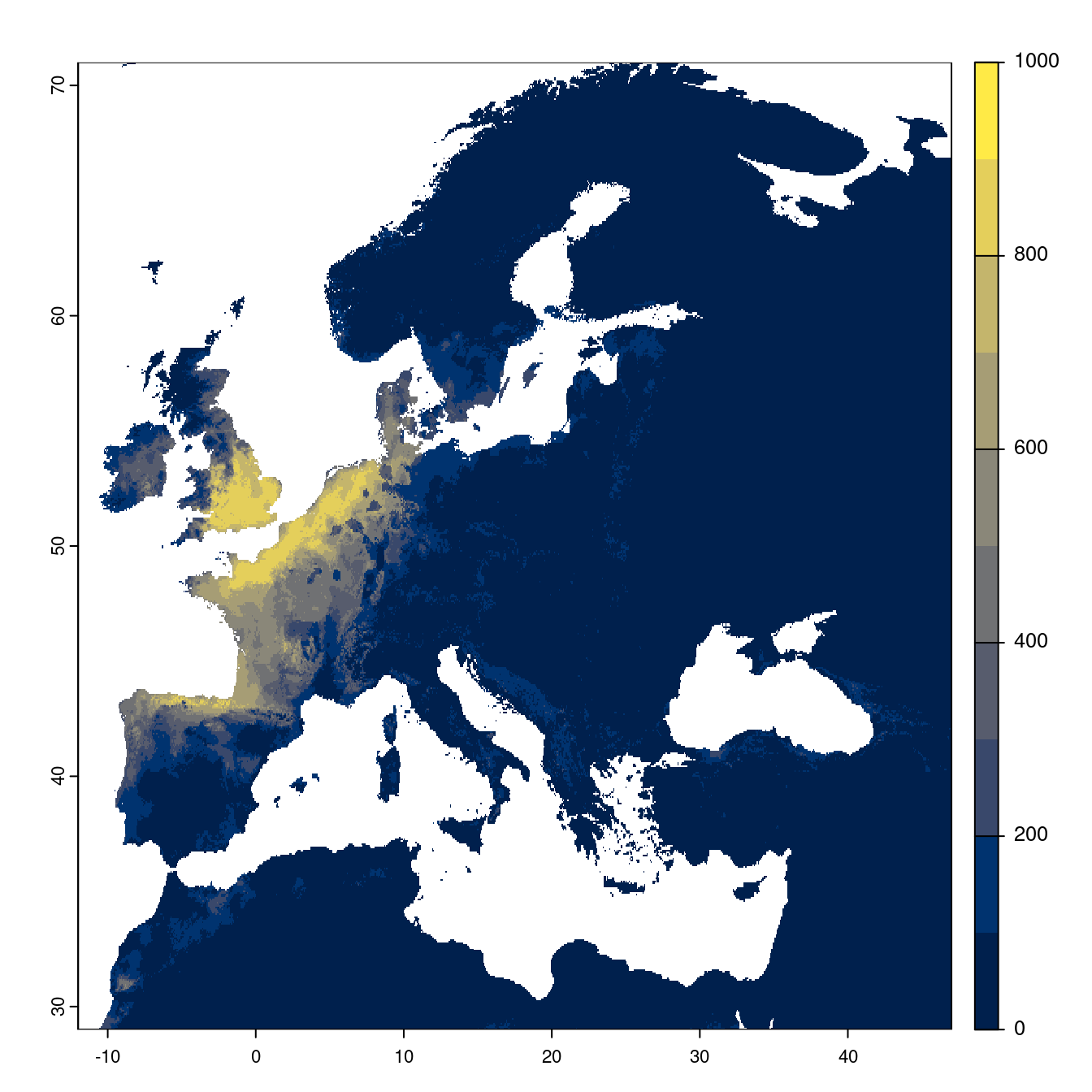 Projection des distributions potentielles futures jusqu'à l'horizon 2100 sous le scénario SSP3-7.0 (modèle d'ensemble).