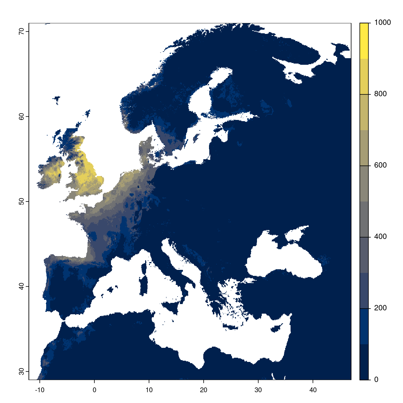 Projection des distributions potentielles futures jusqu'à l'horizon 2100 sous le scénario SSP3-7.0 (modèle d'ensemble).