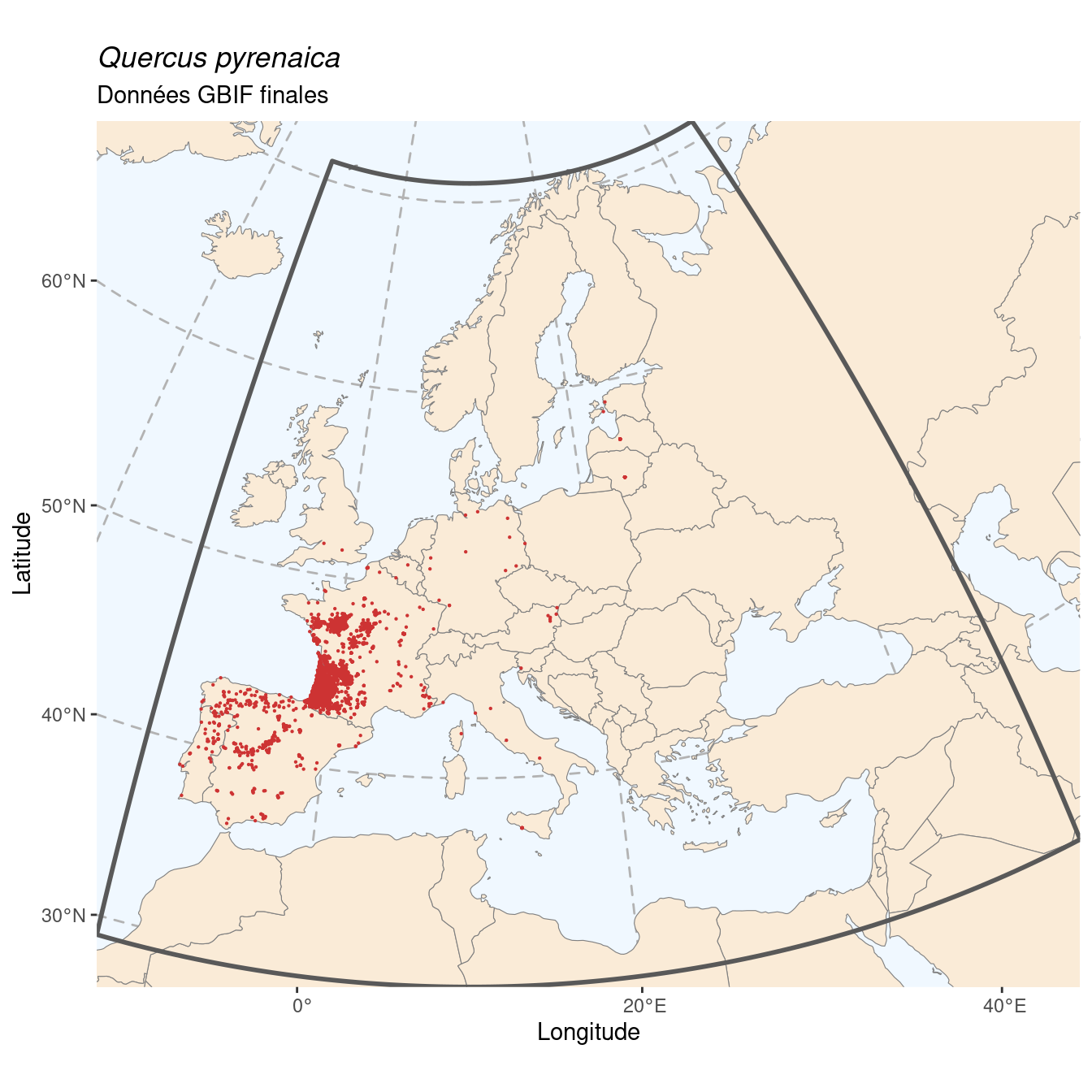 Occurrence de Quercus pyrenaica dans la région d'endémisme après sous-échantillonnage éventuel.